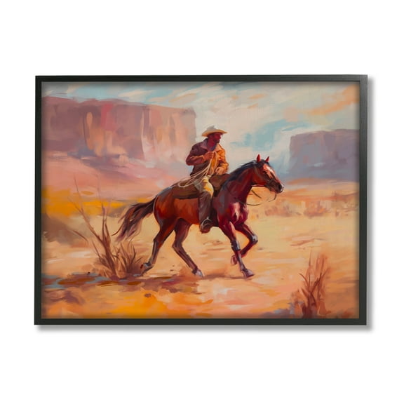 Stupell Industries Cowboy Riding Desert Landscape Animals & Insects Painting Black Framed Art Print Wall Art