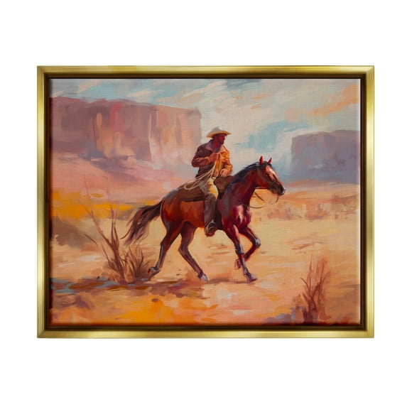 Stupell Industries Cowboy Riding Desert Landscape Animals & Insects Painting Gold Floater Framed Art Print Wall Art