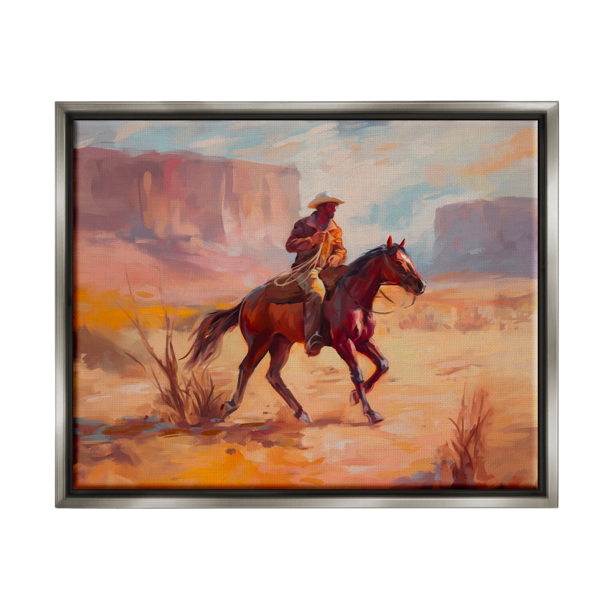 Stupell Industries Cowboy Riding Desert Landscape Animals & Insects Painting Gray Floater Framed Art Print Wall Art