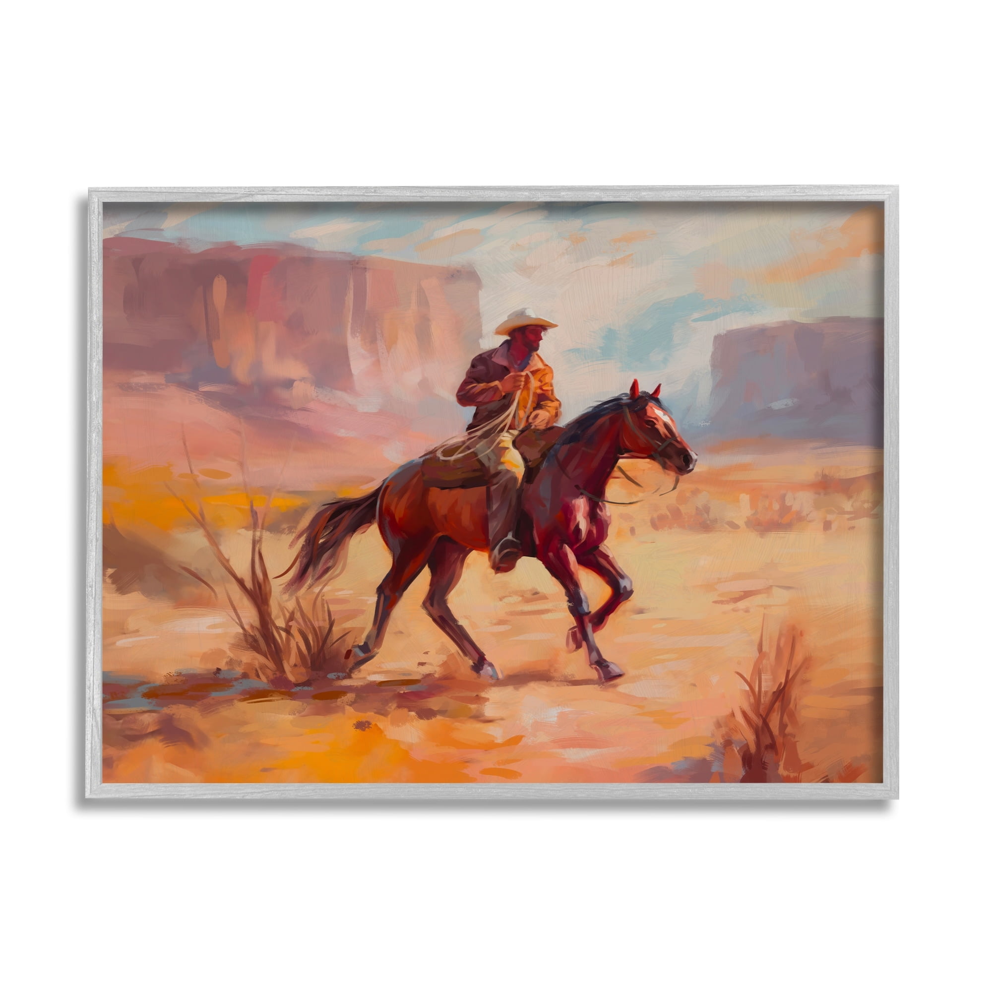 Stupell Industries Cowboy Riding Desert Landscape Animals & Insects Painting Gray Framed Art Print Wall Art