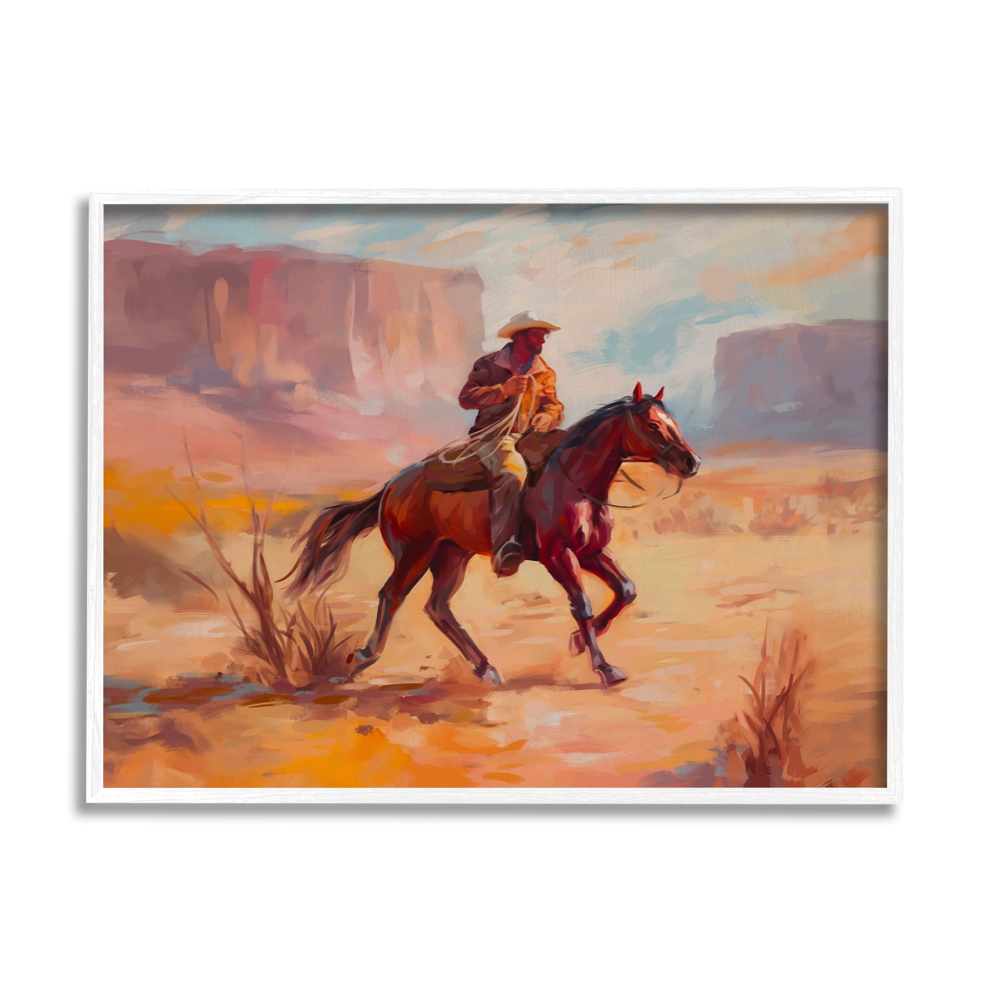 Stupell Industries Cowboy Riding Desert Landscape Animals & Insects Painting White Framed Art Print Wall Art