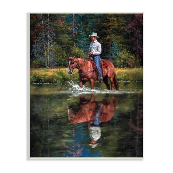 Stupell Industries Cowboy Riding Horse Wild West Shallow River Woodland,10 x 15, Design by Jack Sorenson
