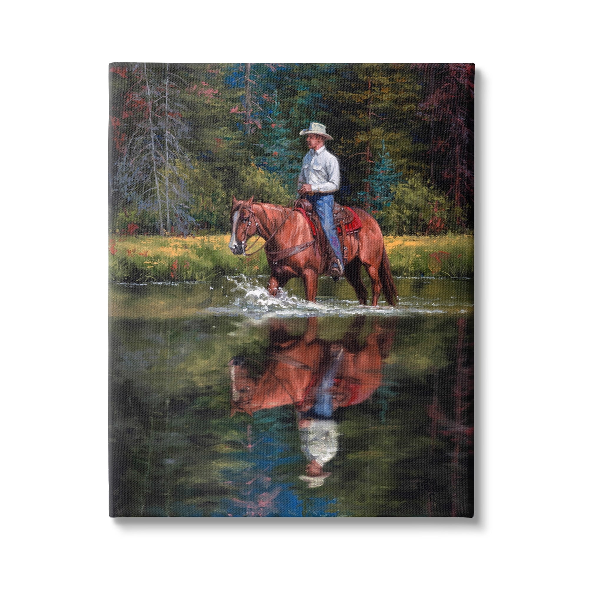 Stupell Industries Cowboy Riding Horse Wild West Shallow River Woodland,24 x 30, Design by Jack Sorenson