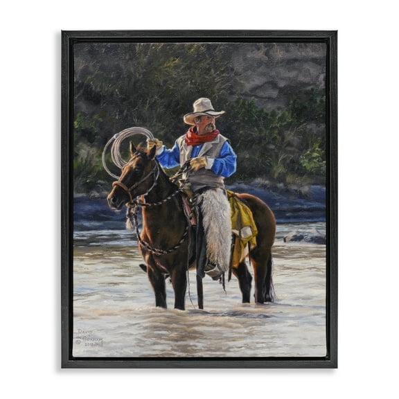 Stupell Industries Cowboy & River Passage People Painting Black Floater Framed Canvas Art Print Wall Art, 17 x 21