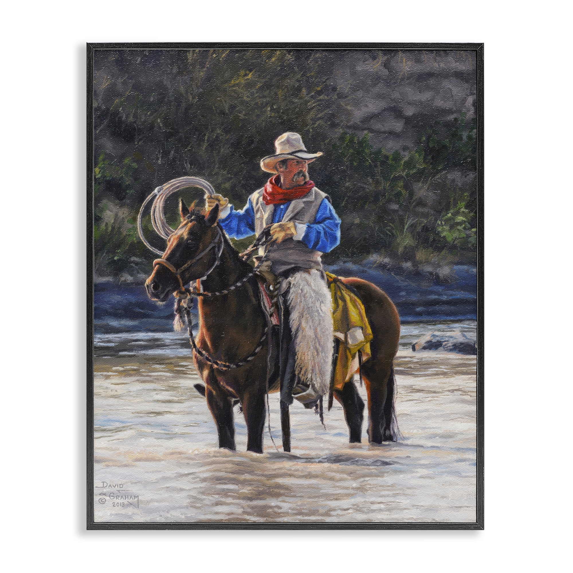 Stupell Industries Cowboy & River Passage People Painting Black Framed Art Print Wall Art, 24 x 30