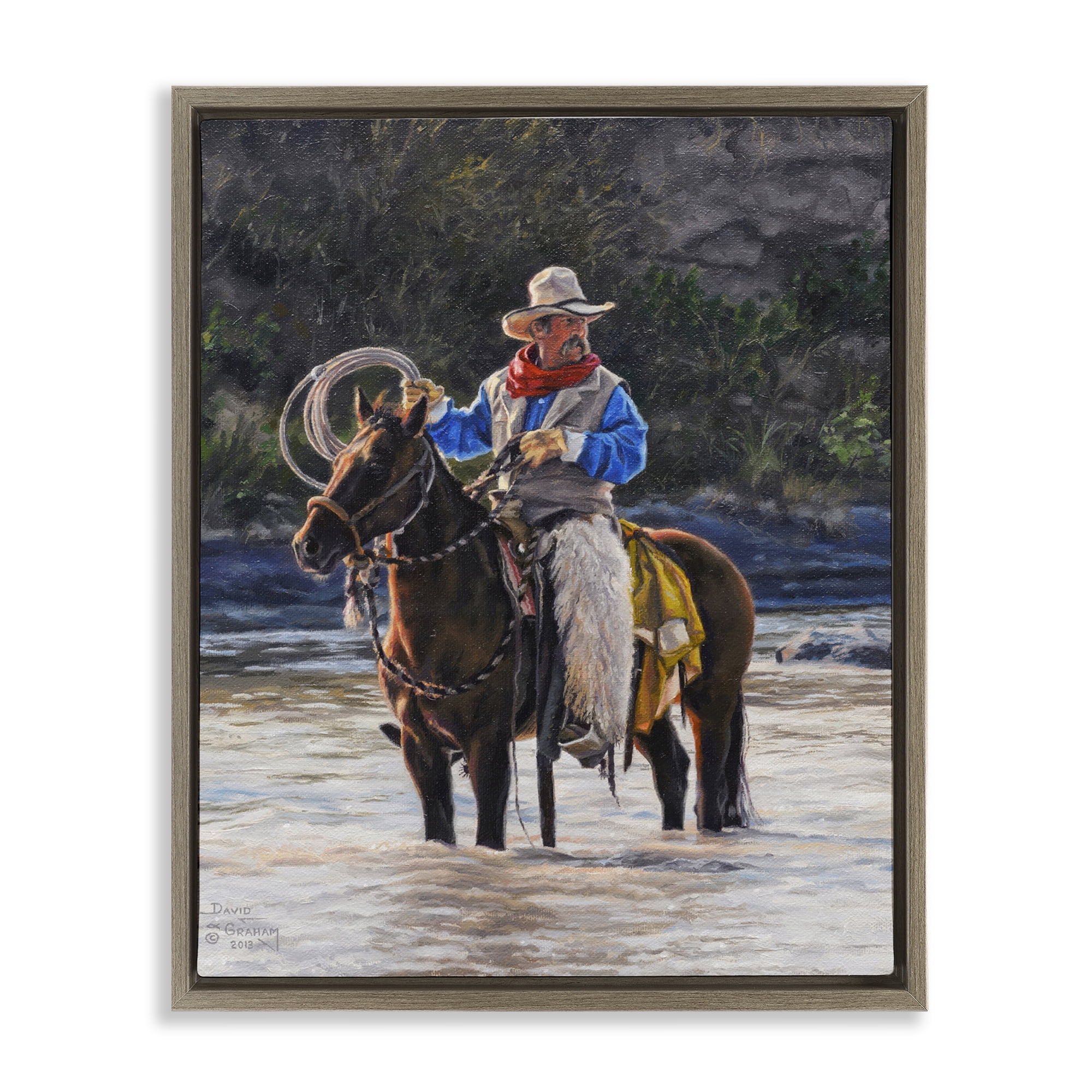 Stupell Industries Cowboy & River Passage People Painting Brown Floater Framed Canvas Art Print Wall Art, 17 x 21