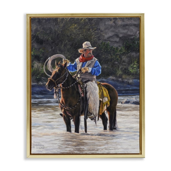Stupell Industries Cowboy & River Passage People Painting Gold Floater Framed Canvas Art Print Wall Art, 17 x 21