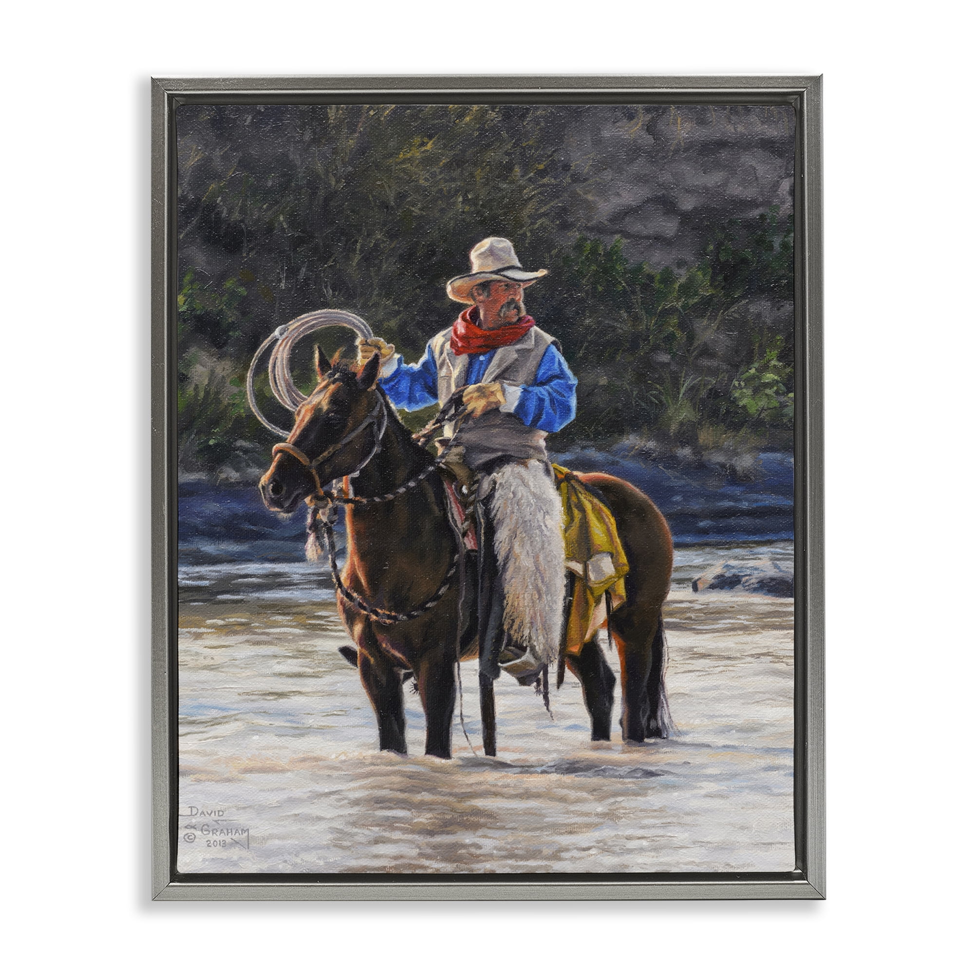 Stupell Industries Cowboy & River Passage People Painting Gray Floater Framed Canvas Art Print Wall Art, 17 x 21