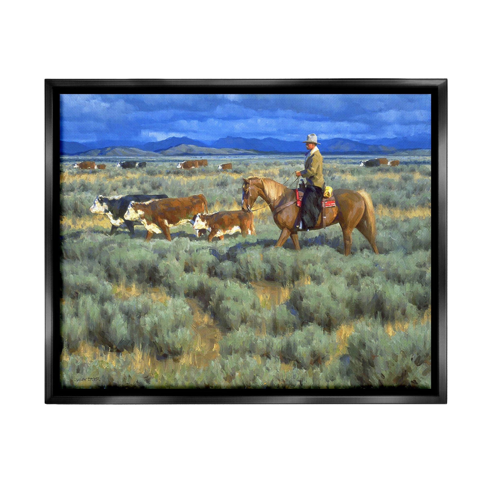Stupell Industries Cowboy Rounding Cattle Animals & Insects Painting Black Floater Framed Canvas Art Print Wall Art, 31 x 25