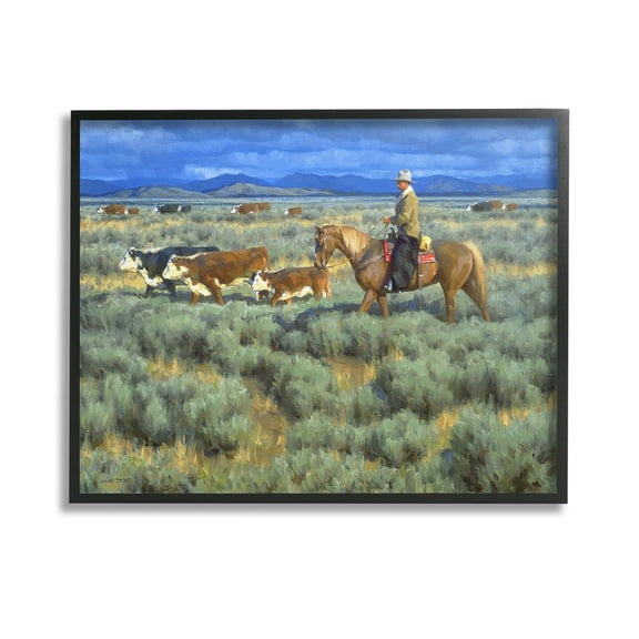 Stupell Industries Cowboy Rounding Cattle Animals & Insects Painting Black Framed Art Print Wall Art, 14 x 11