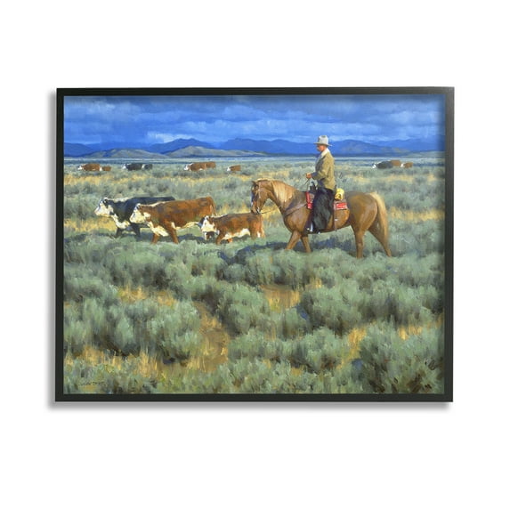 Stupell Industries Cowboy Rounding Cattle Animals & Insects Painting Black Framed Art Print Wall Art, 14 x 11