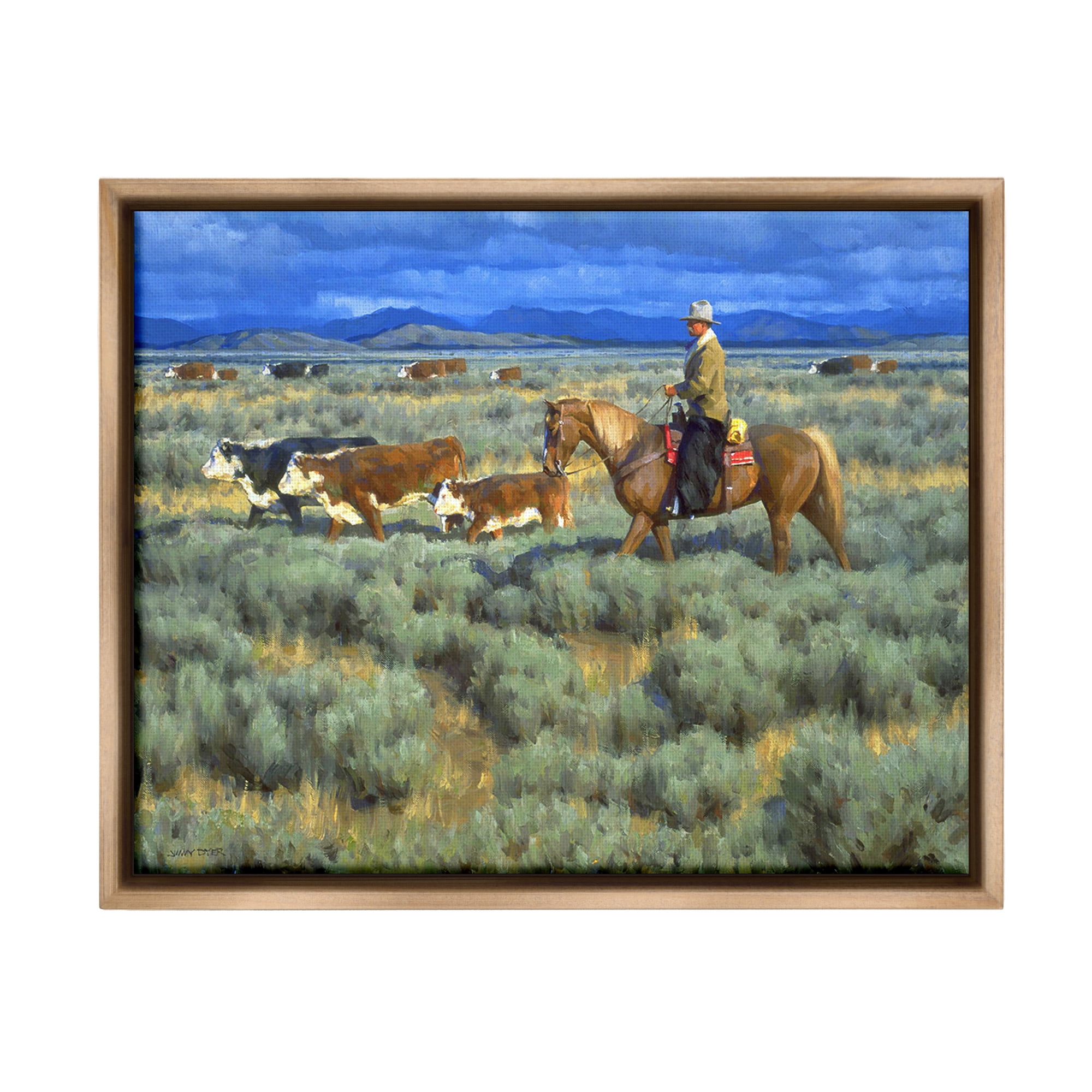 Stupell Industries Cowboy Rounding Cattle Animals & Insects Painting Brown Floater Framed Canvas Art Print Wall Art, 21 x 17