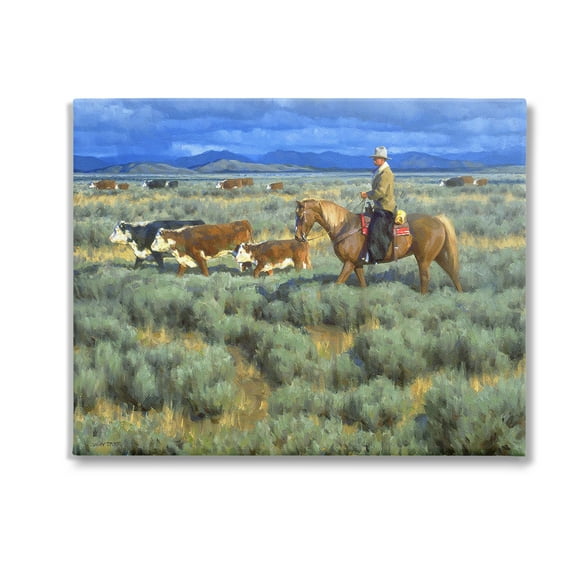 Stupell Industries Cowboy Rounding Cattle Animals & Insects Painting Gallery Wrapped Canvas Art Print Wall Art, 20 x 16