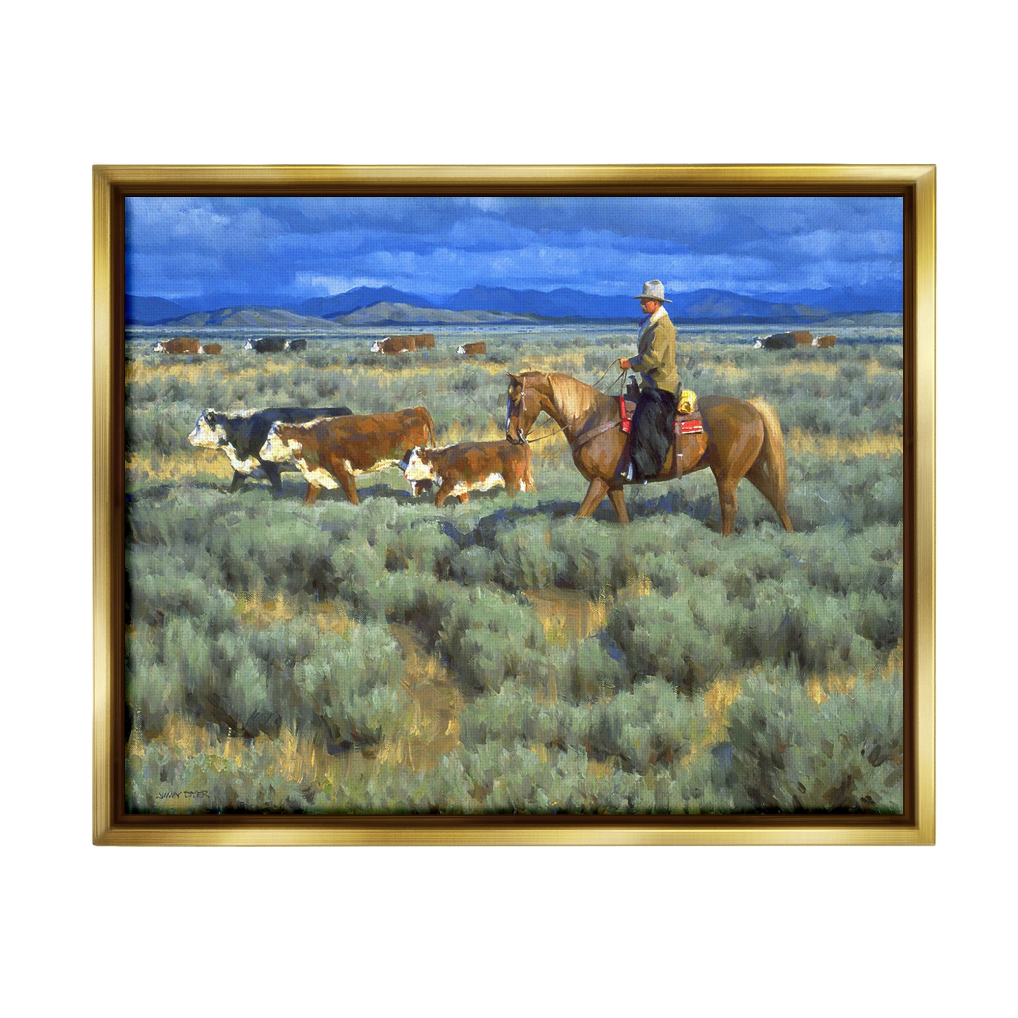 Stupell Industries Cowboy Rounding Cattle Animals & Insects Painting Gold Floater Framed Canvas Art Print Wall Art, 31 x 25