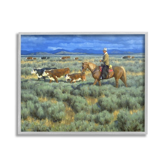 Stupell Industries Cowboy Rounding Cattle Animals & Insects Painting Gray Framed Art Print Wall Art, 30 x 24