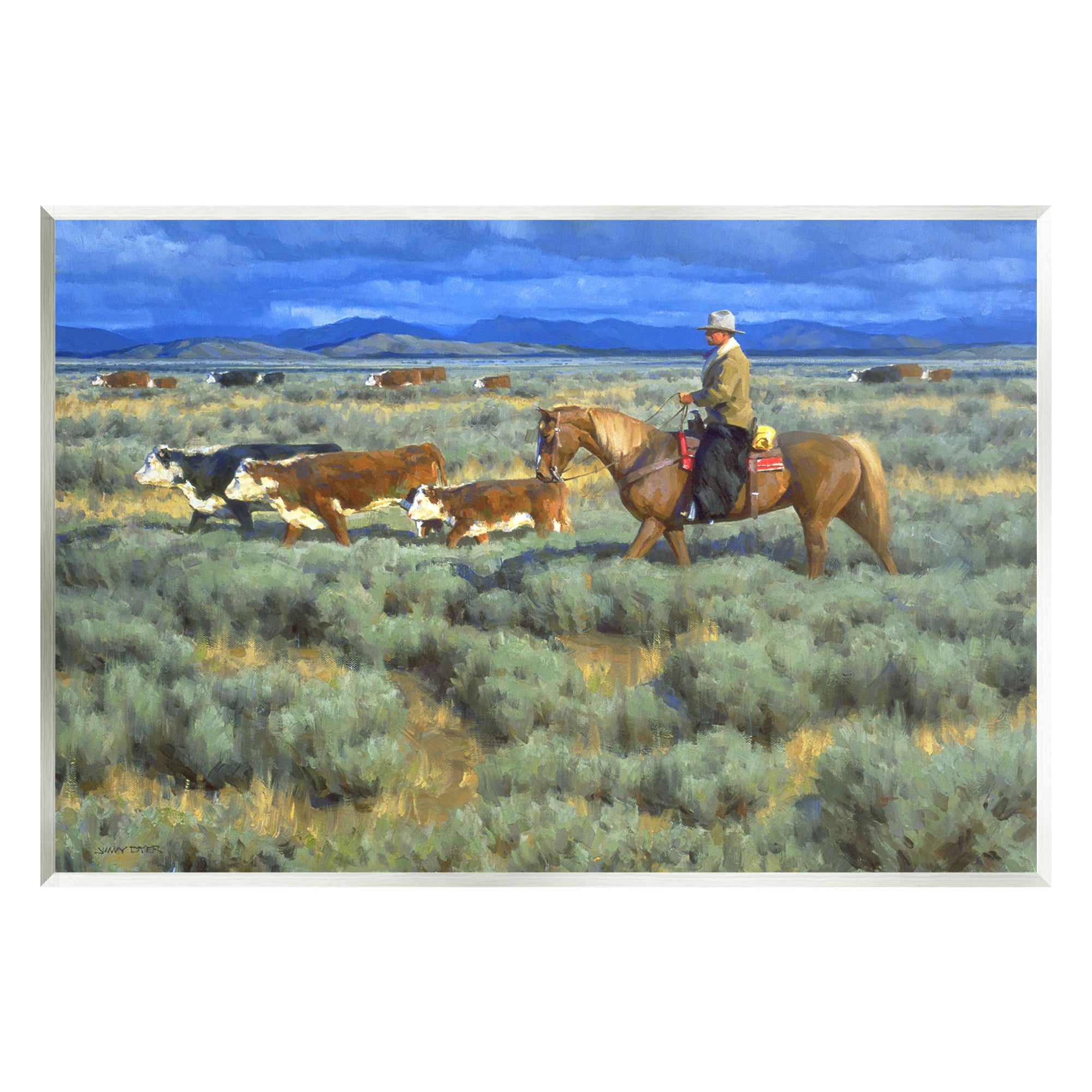 Stupell Industries Cowboy Rounding Cattle Animals & Insects Painting Unframed Art Print Wall Art, 19 x 13