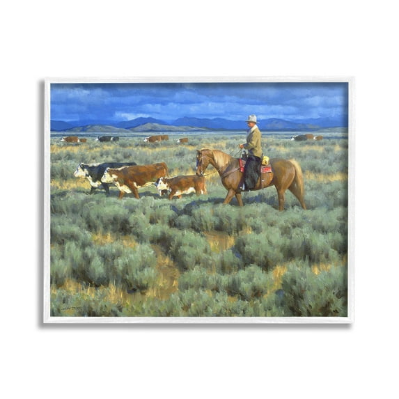 Stupell Industries Cowboy Rounding Cattle Animals & Insects Painting White Framed Art Print Wall Art, 20 x 16