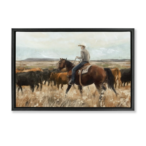 Stupell Industries Cowboy Rounding Cattle Landscape Painting Black Floater Framed Canvas Art Print Wall Art, 25 x 17