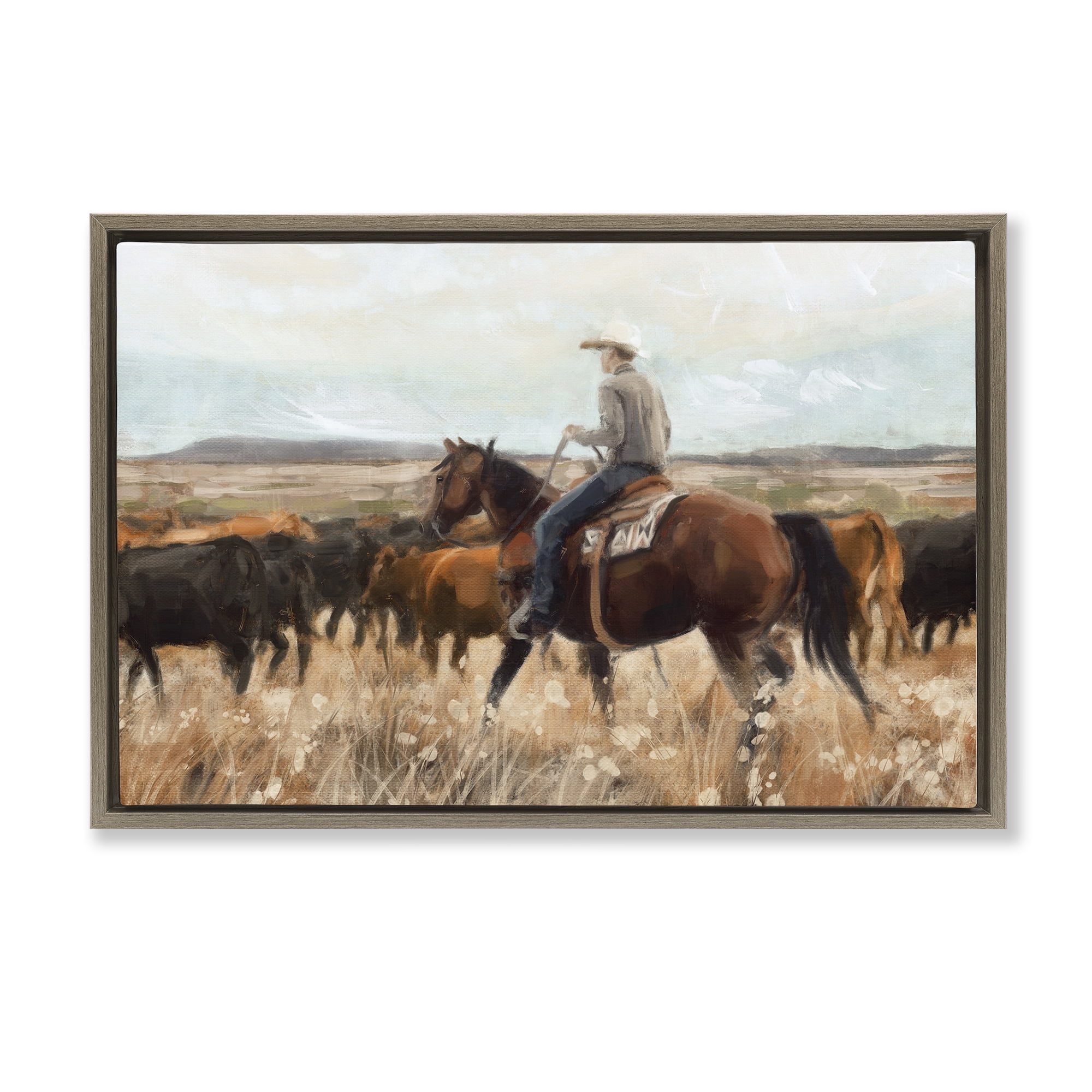 Stupell Industries Cowboy Rounding Cattle Landscape Painting Brown Floater Framed Canvas Art Print Wall Art, 31 x 21