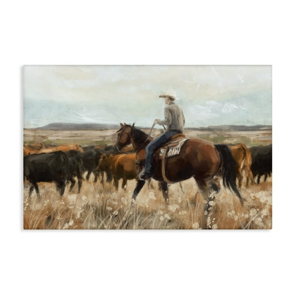 Stupell Industries Cowboy Rounding Cattle Landscape Painting Gallery Wrapped Canvas Art Print Wall Art, 24 x 16