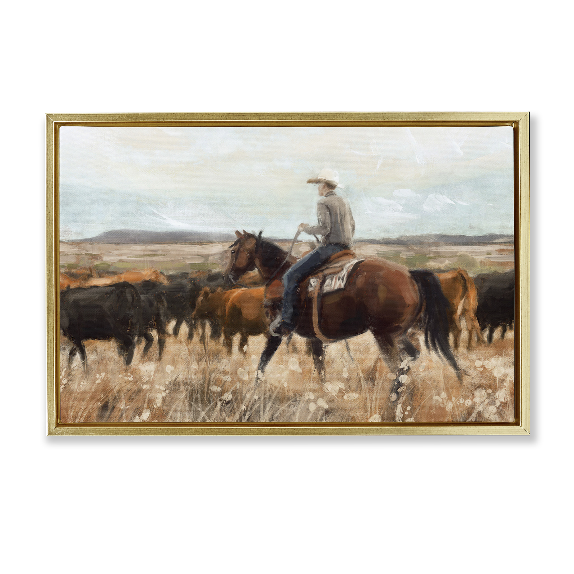 Stupell Industries Cowboy Rounding Cattle Landscape Painting Gold Floater Framed Canvas Art Print Wall Art, 31 x 21