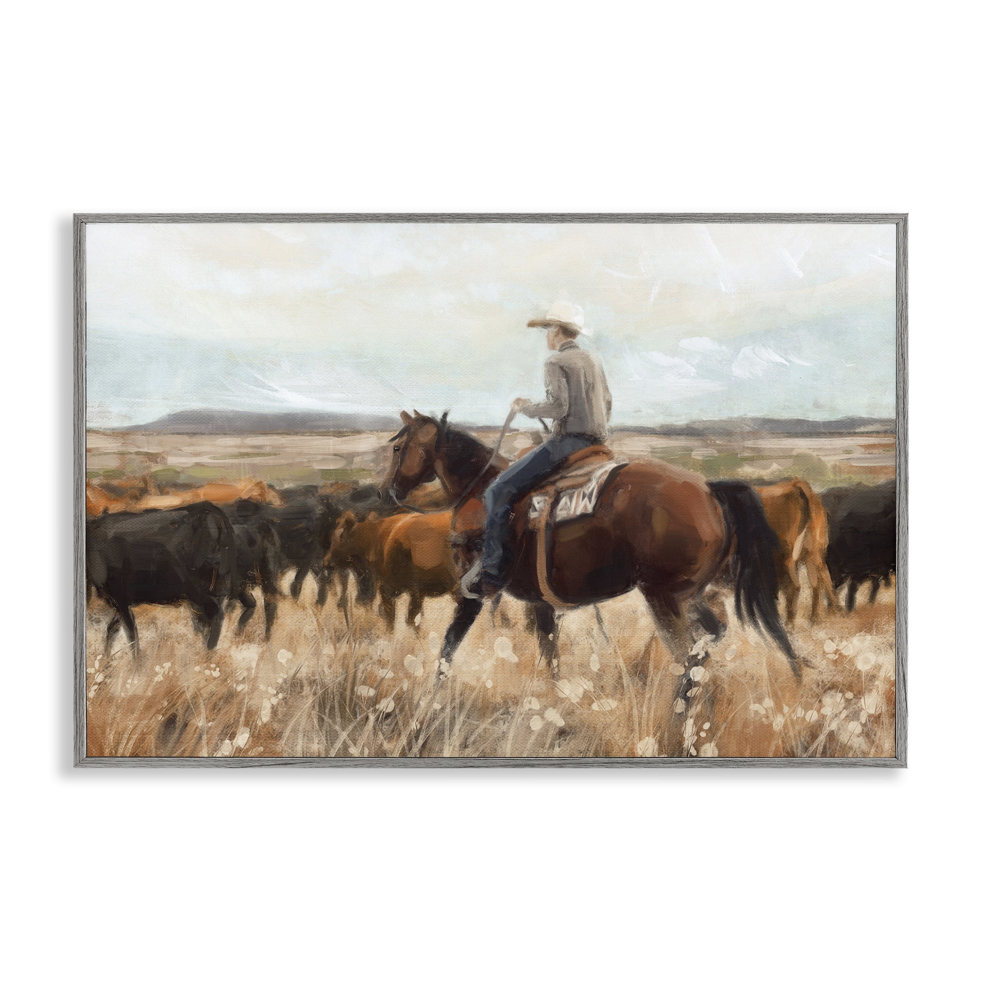 Stupell Industries Cowboy Rounding Cattle Landscape Painting Gray Framed Art Print Wall Art, 18 x 12