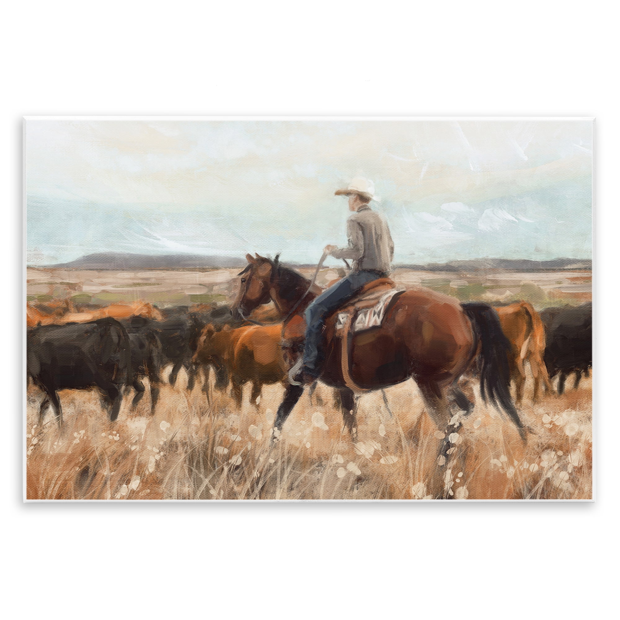 Stupell Industries Cowboy Rounding Cattle Landscape Painting Unframed Art Print Wall Art, 15 x 10