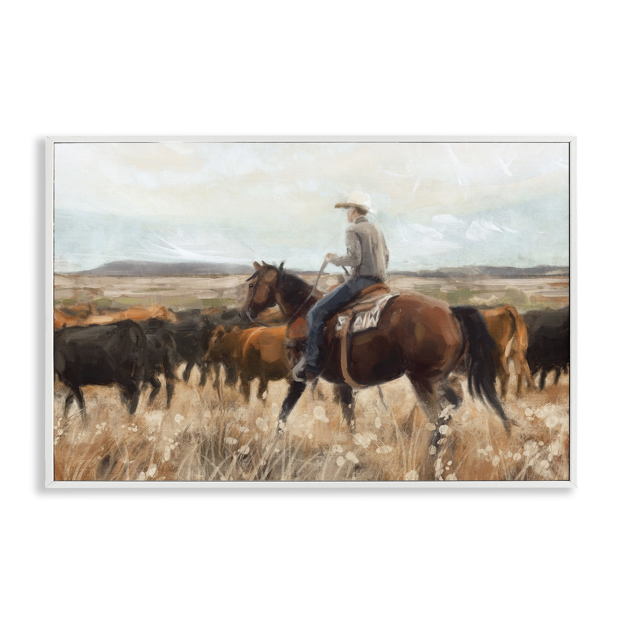 Stupell Industries Cowboy Rounding Cattle Landscape Painting White Framed Art Print Wall Art, 30 x 20