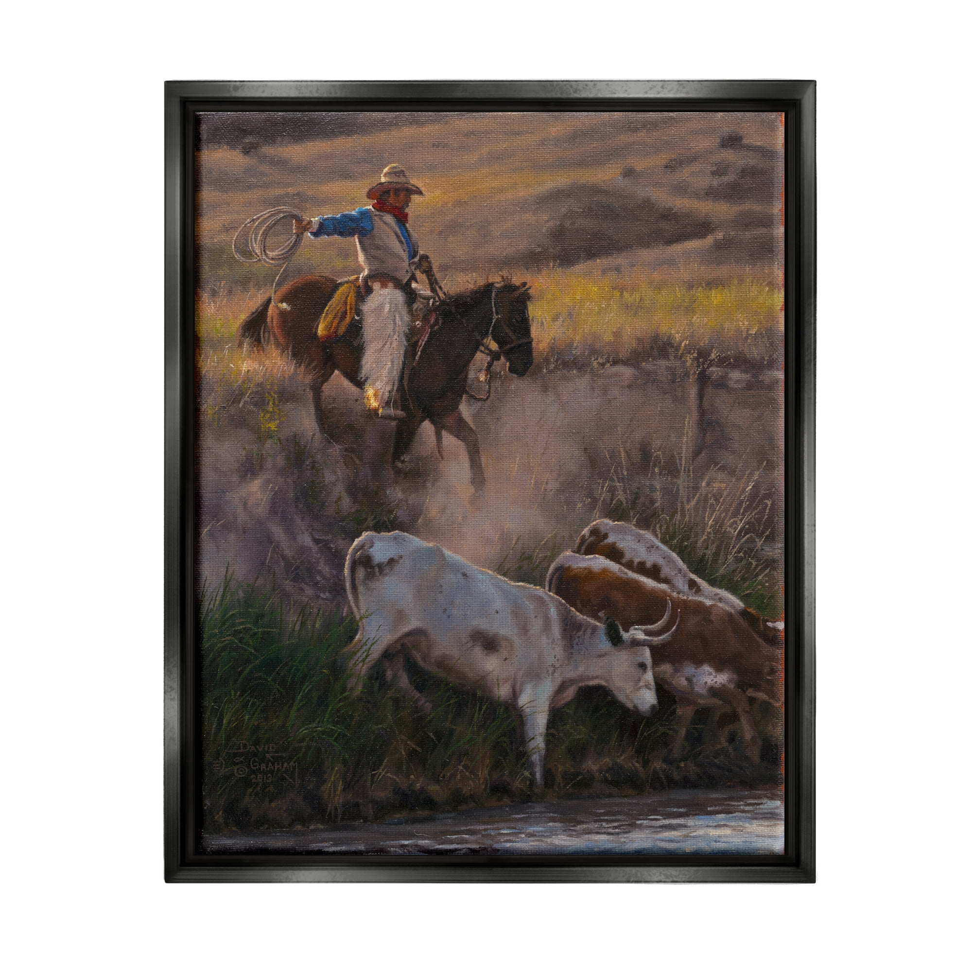 Stupell Industries Cowboy Rounding Up Cattle Lasso Animals & Insects Painting Black Floater Framed Art Print Wall Art