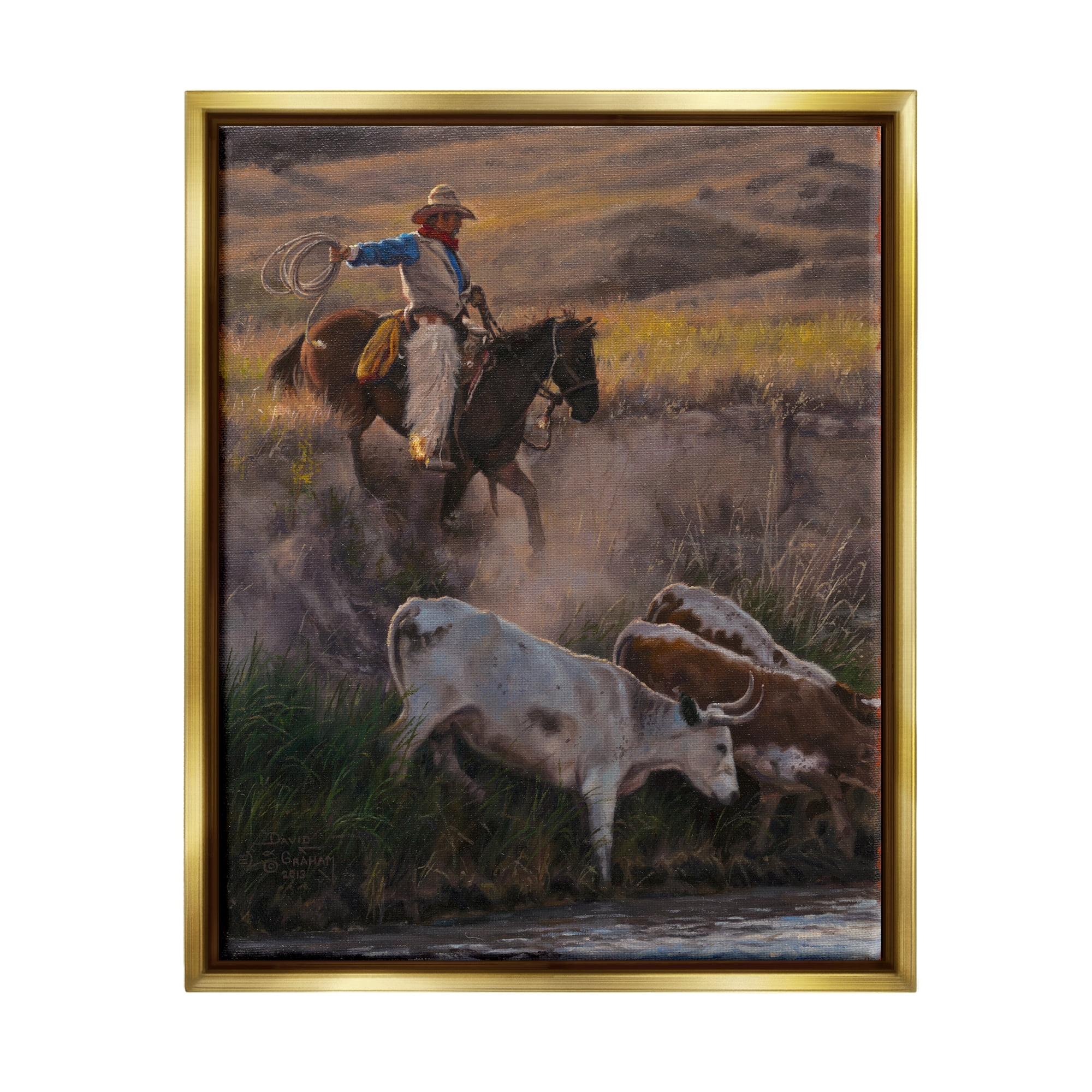 Stupell Industries Cowboy Rounding Up Cattle Lasso Animals & Insects Painting Gold Floater Framed Art Print Wall Art