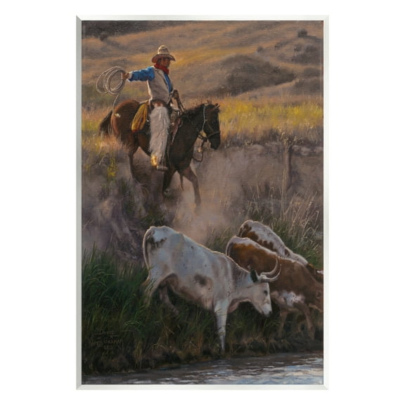 Stupell Industries Cowboy Rounding Up Cattle Lasso Animals & Insects Painting Unframed Art Print Wall Art