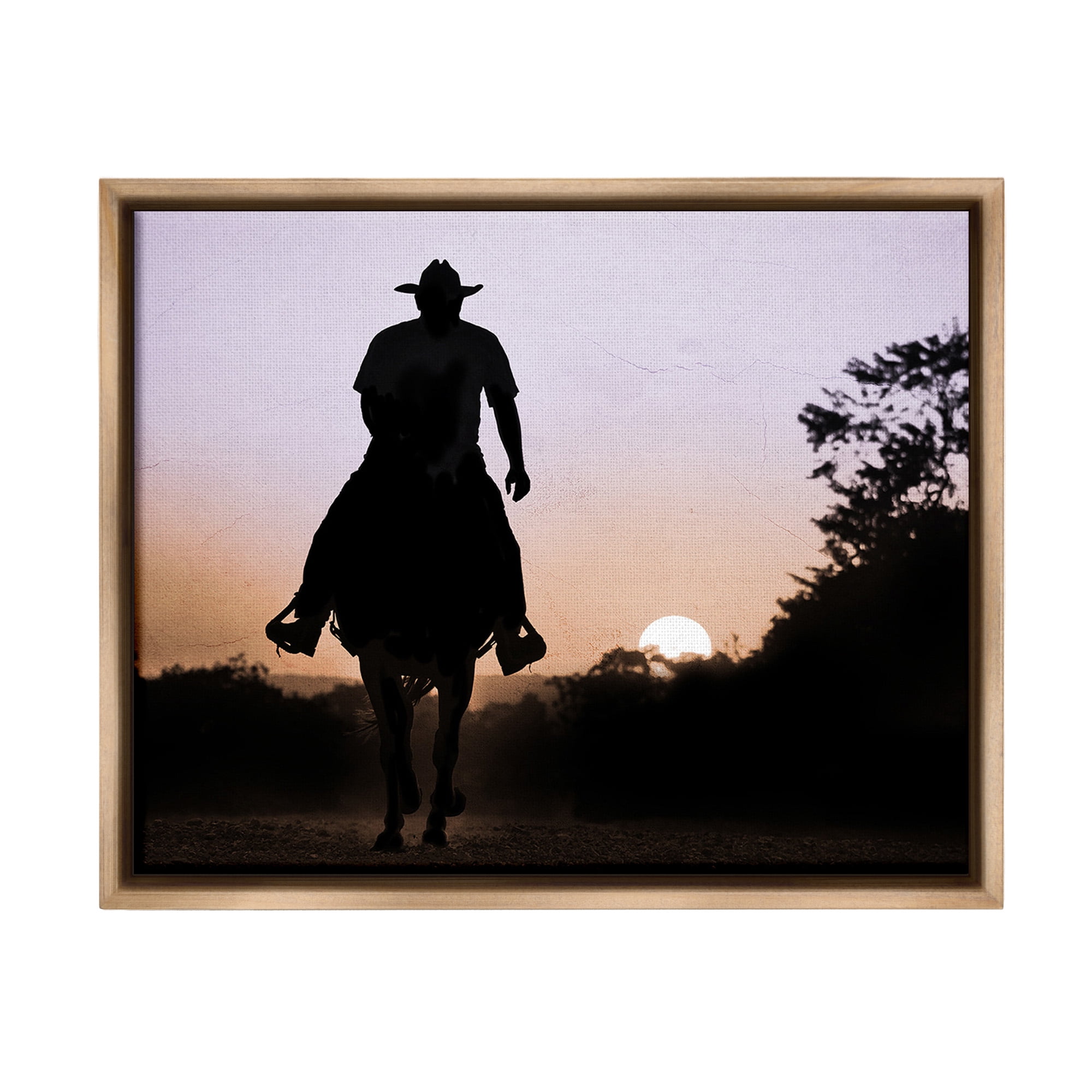Stupell Industries Cowboy & Setting Sun Landscape Photography Brown Floater Framed Canvas Art Print Wall Art, 21 x 17