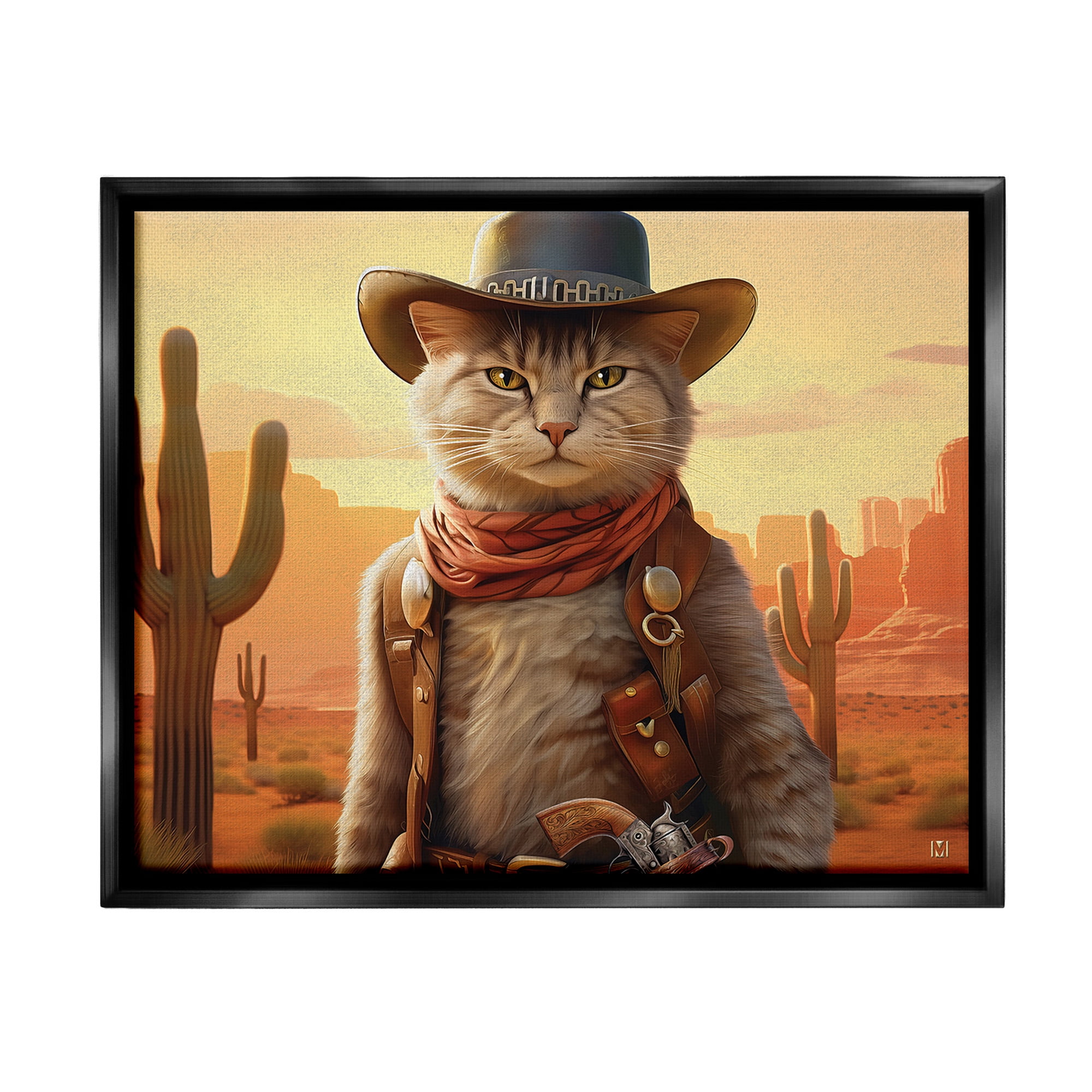 Stupell Industries Cowboy Sheriff Cat Animals & Insects Painting Black Floater Framed Canvas Art Print Wall Art, 21 x 17