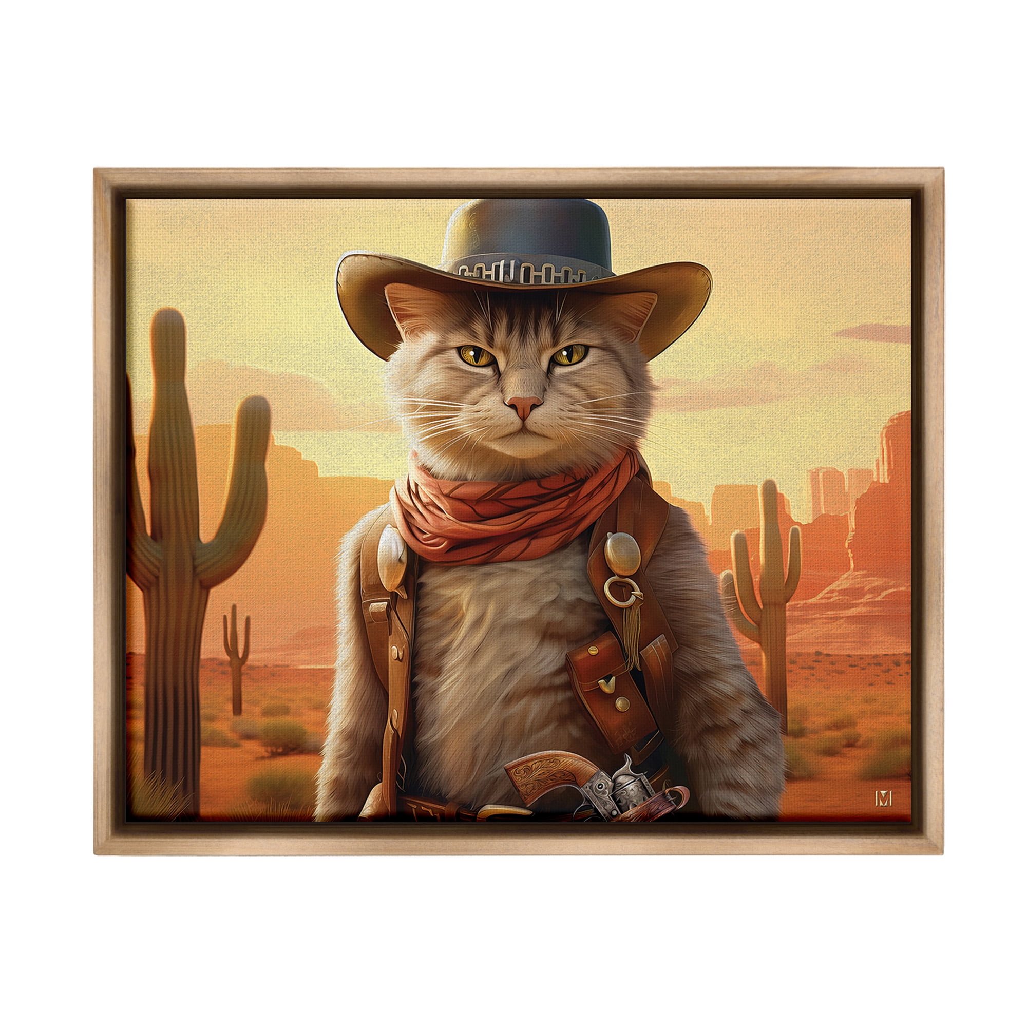 Stupell Industries Cowboy Sheriff Cat Animals & Insects Painting Brown Floater Framed Canvas Art Print Wall Art, 31 x 25