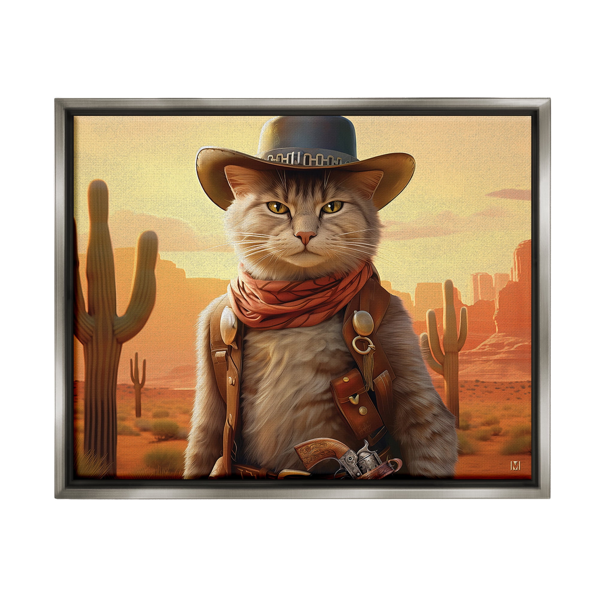 Stupell Industries Cowboy Sheriff Cat Animals & Insects Painting Gray Floater Framed Canvas Art Print Wall Art, 21 x 17