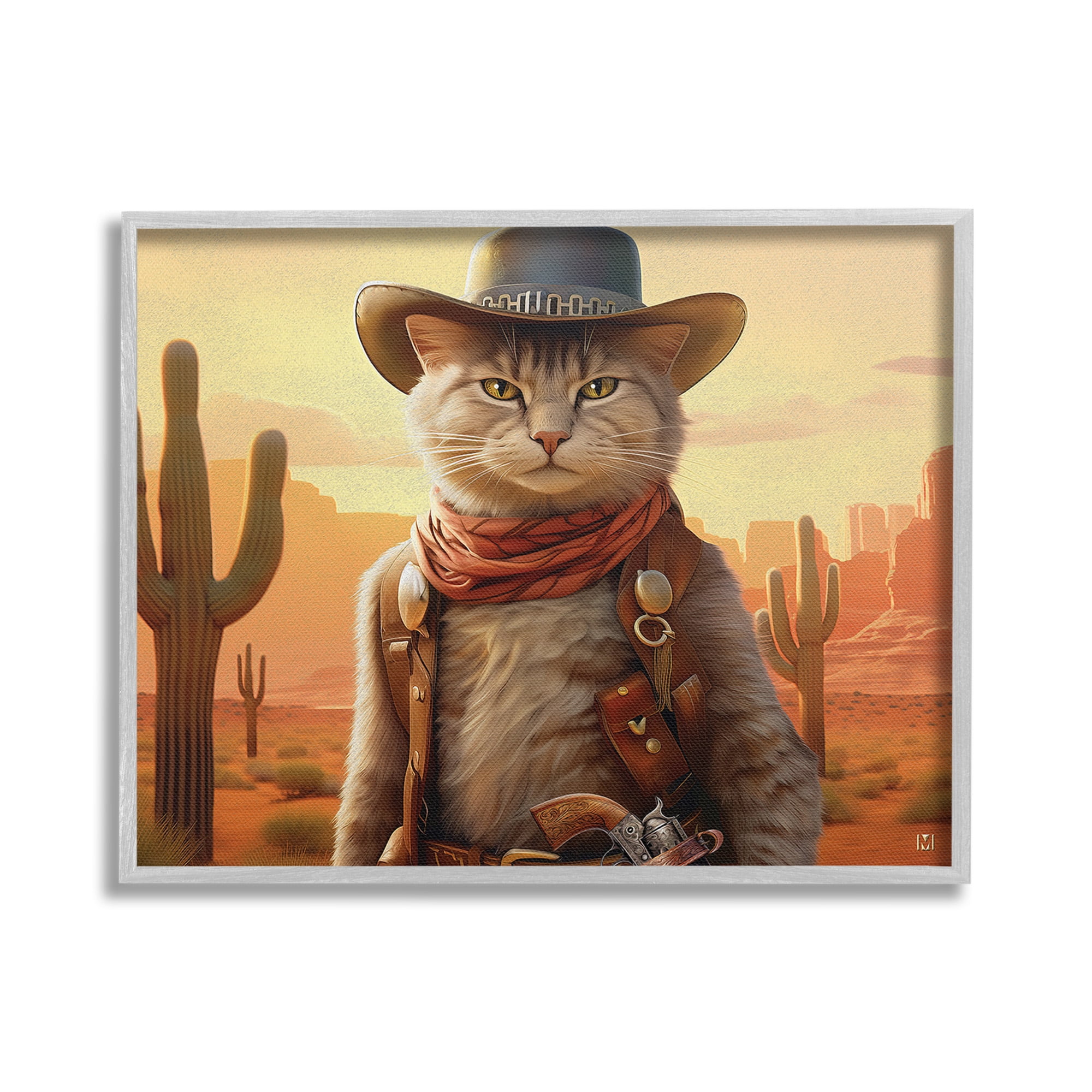 Stupell Industries Cowboy Sheriff Cat Animals & Insects Painting Gray Framed Art Print Wall Art, 30 x 24