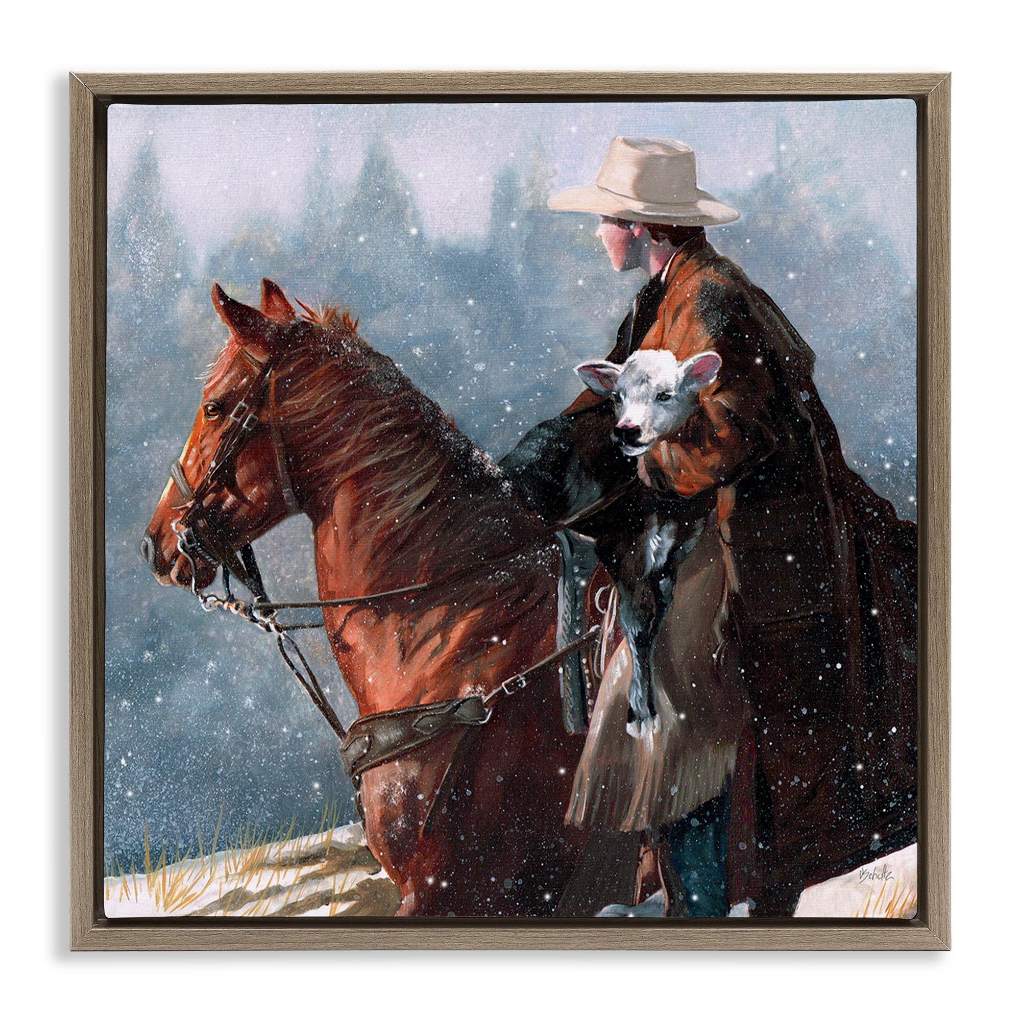 Stupell Industries Cowboy Snow Scene Animals & Insects Painting Brown Floater Framed Canvas Art Print Wall Art, 18 x 18