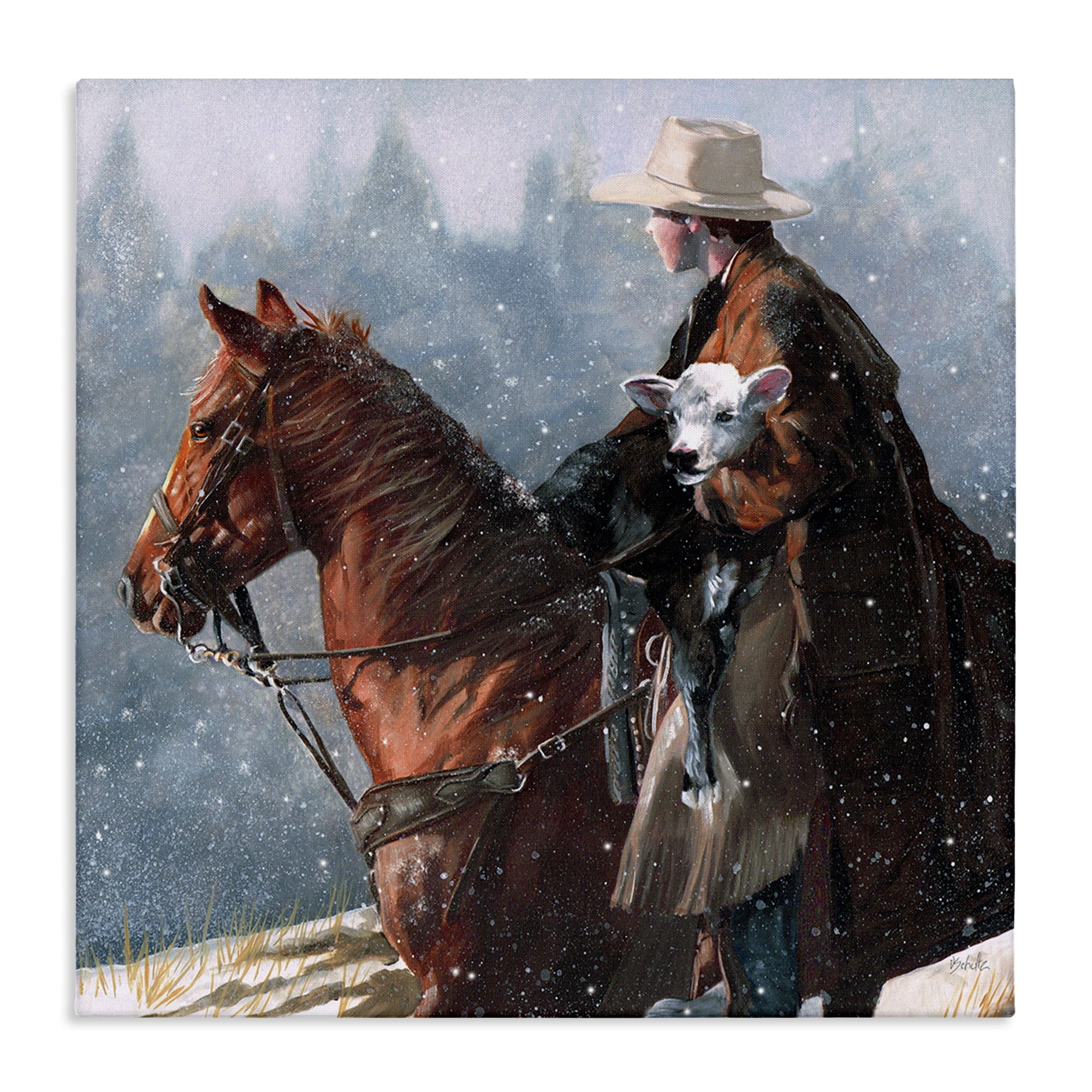 Stupell Industries Cowboy Snow Scene Animals & Insects Painting Gallery Wrapped Canvas Art Print Wall Art, 24 x 24
