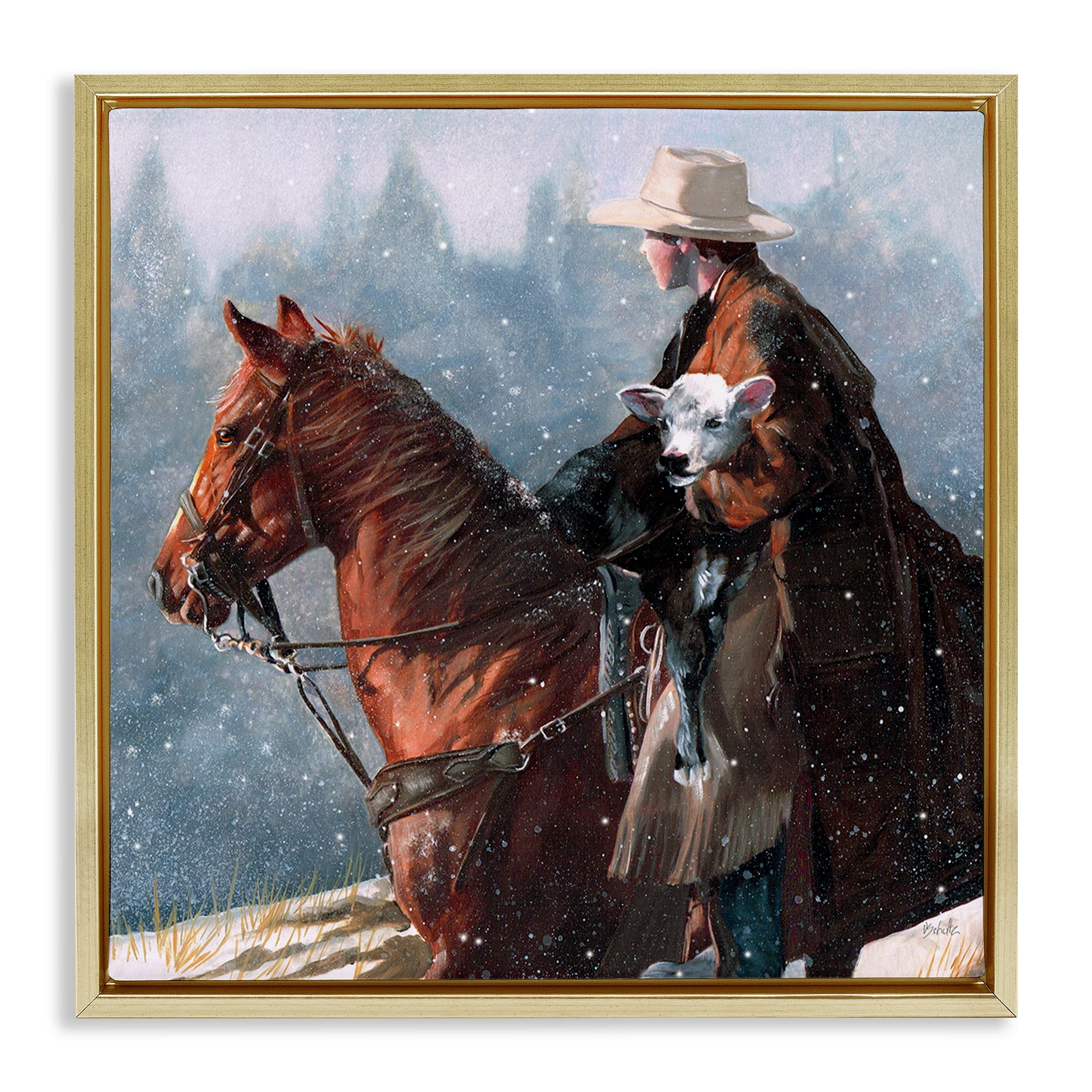 Stupell Industries Cowboy Snow Scene Animals & Insects Painting Gold Floater Framed Canvas Art Print Wall Art, 25 x 25