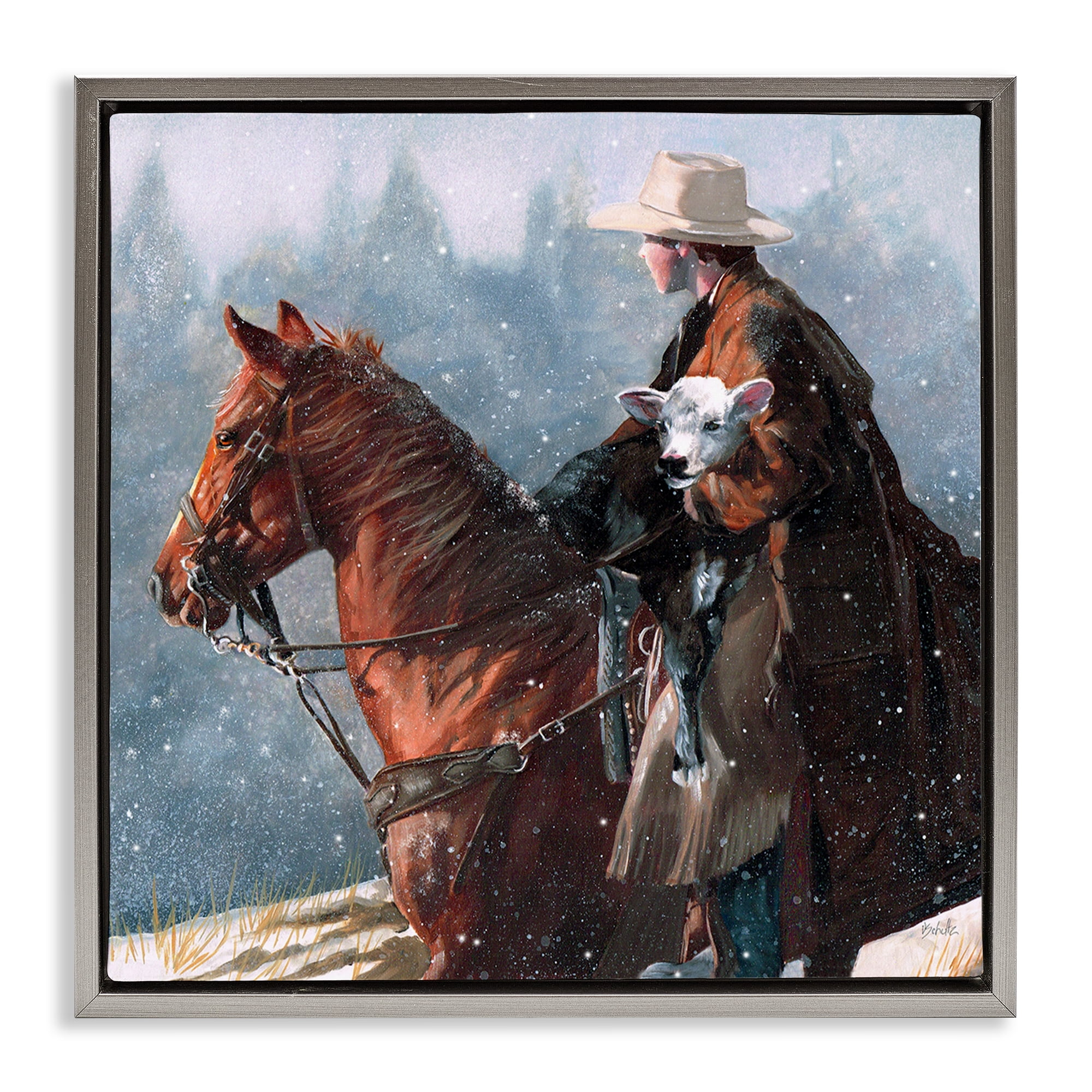 Stupell Industries Cowboy Snow Scene Animals & Insects Painting Gray Floater Framed Canvas Art Print Wall Art, 25 x 25