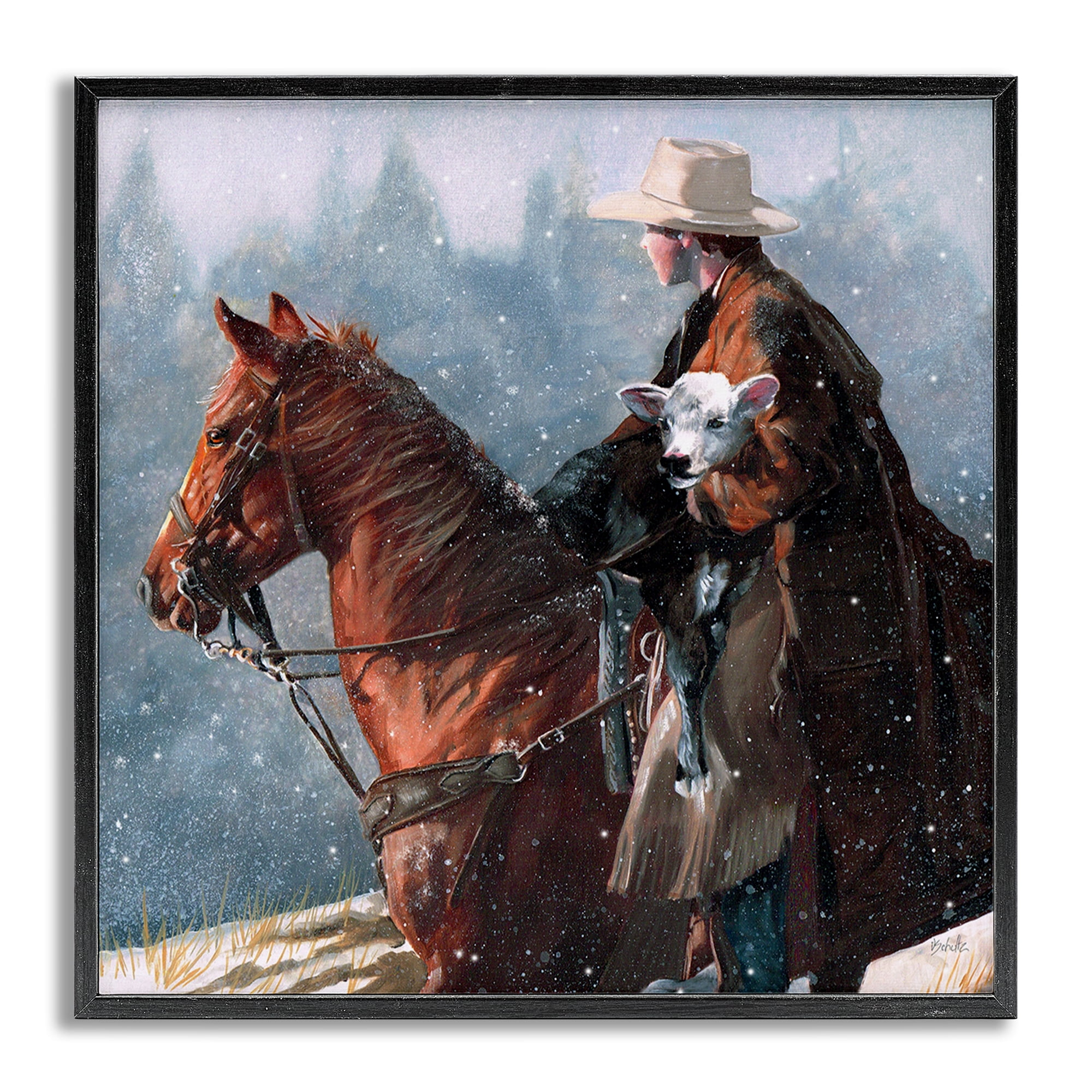 Stupell Industries Cowboy Snow Scene Animals & Insects Painting Gray Framed Art Print Wall Art, 12 x 12
