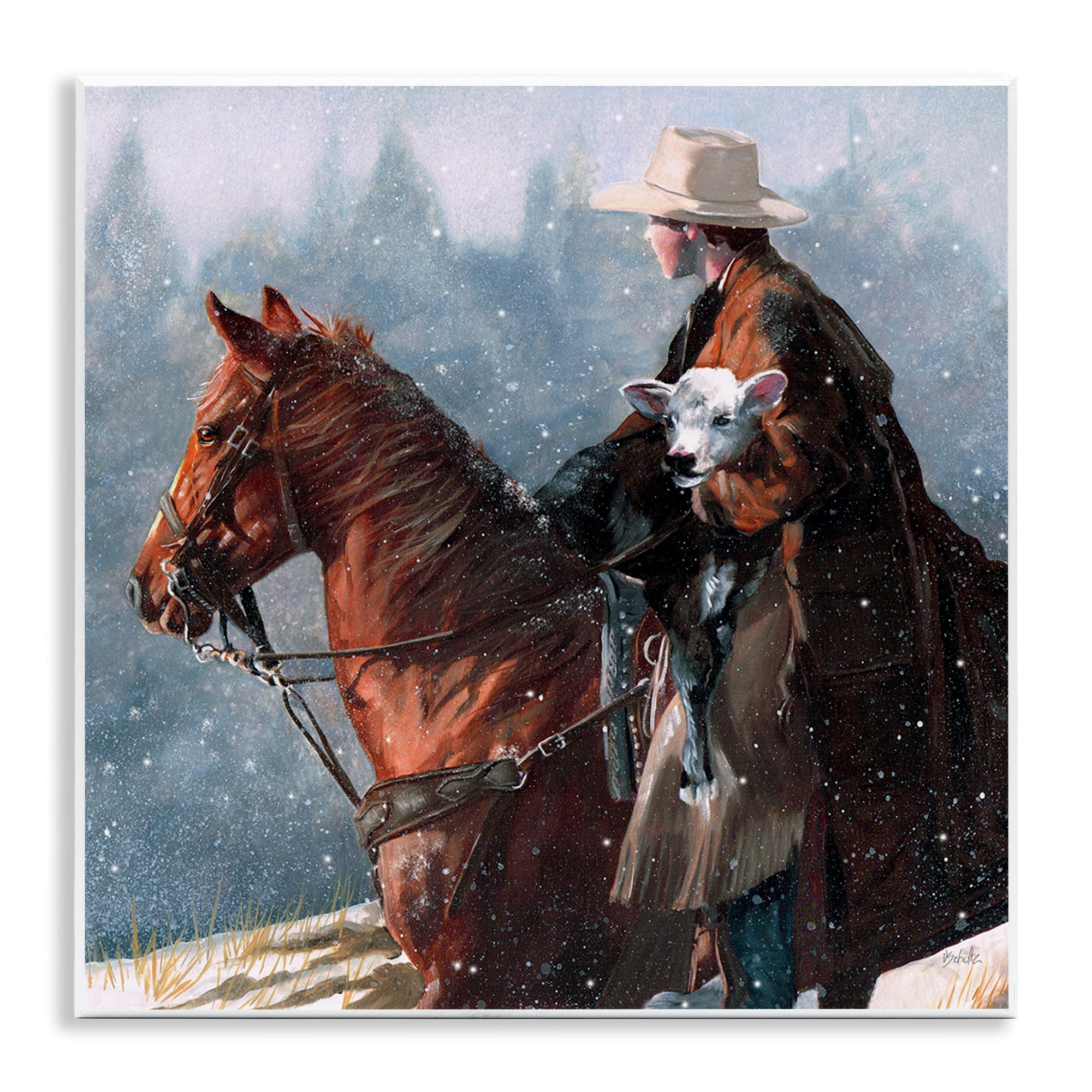 Stupell Industries Cowboy Snow Scene Animals & Insects Painting Unframed Art Print Wall Art, 12 x 12