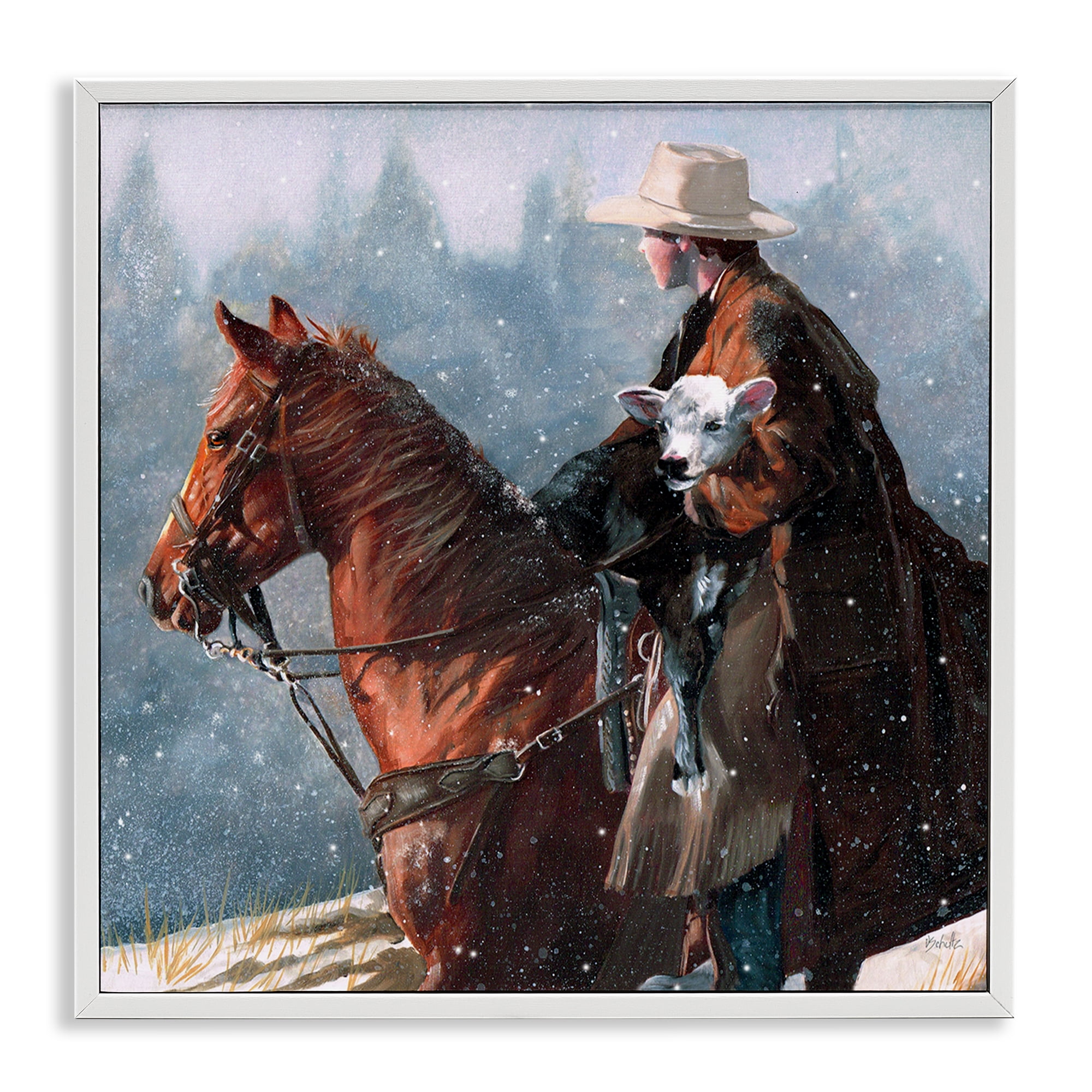 Stupell Industries Cowboy Snow Scene Animals & Insects Painting White Framed Art Print Wall Art, 17 x 17