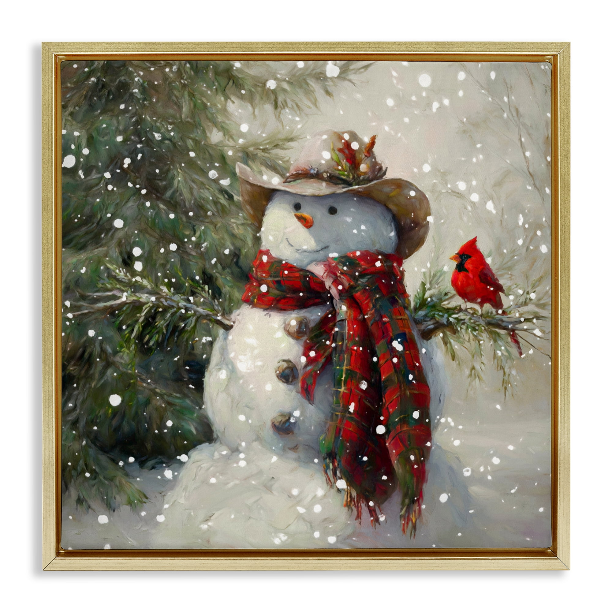 Stupell Industries Cowboy Snowman & Cardinal Gold Framed Floater Canvas Wall Art, design by Tina LeCour