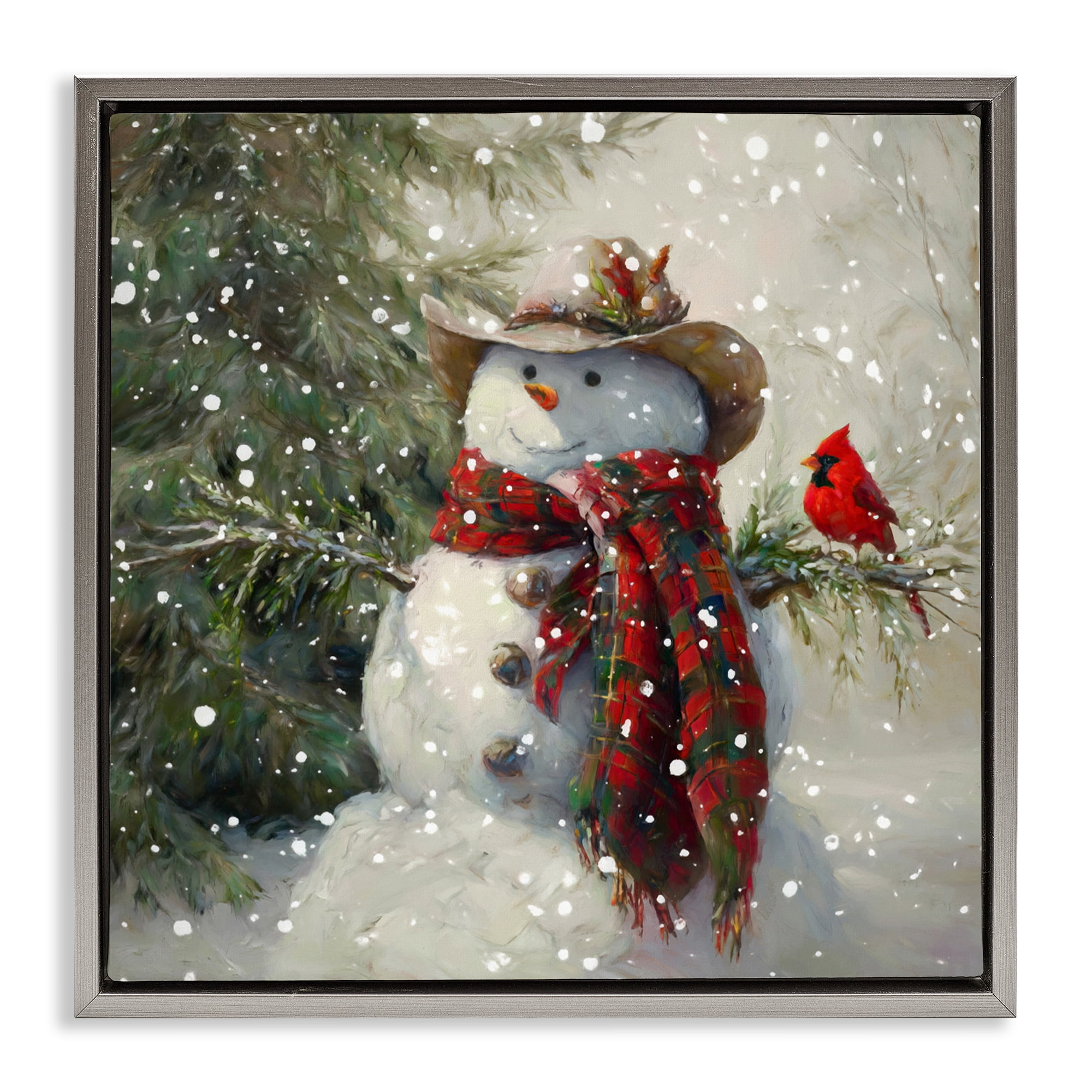 Stupell Industries Cowboy Snowman & Cardinal Gray Framed Floater Canvas Wall Art, design by Tina LeCour