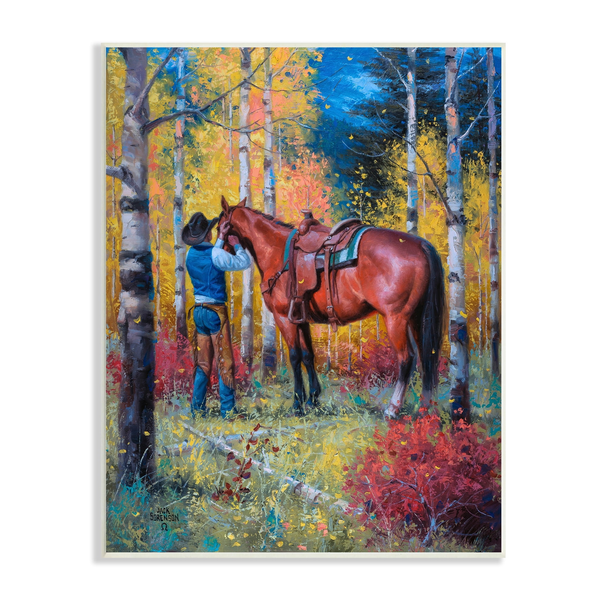 Stupell Industries Cowboy Strapping Colt Horse Wild West Fall Forest,10 x 15, Design by Jack Sorenson