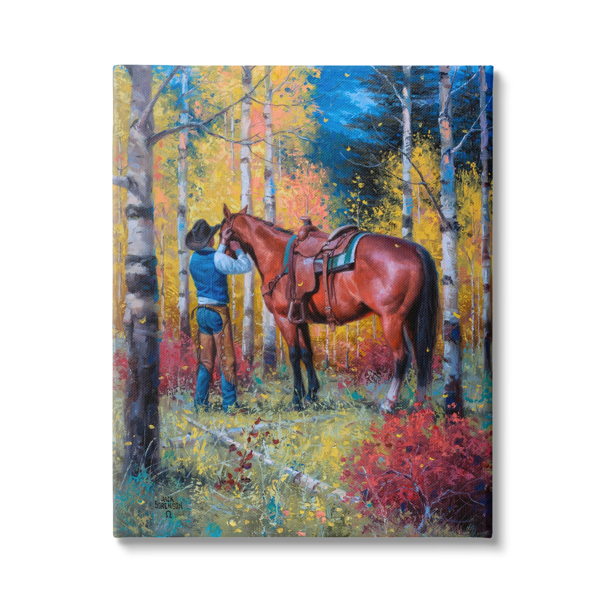 Stupell Industries Cowboy Strapping Colt Horse Wild West Fall Forest,36 x 48, Design by Jack Sorenson