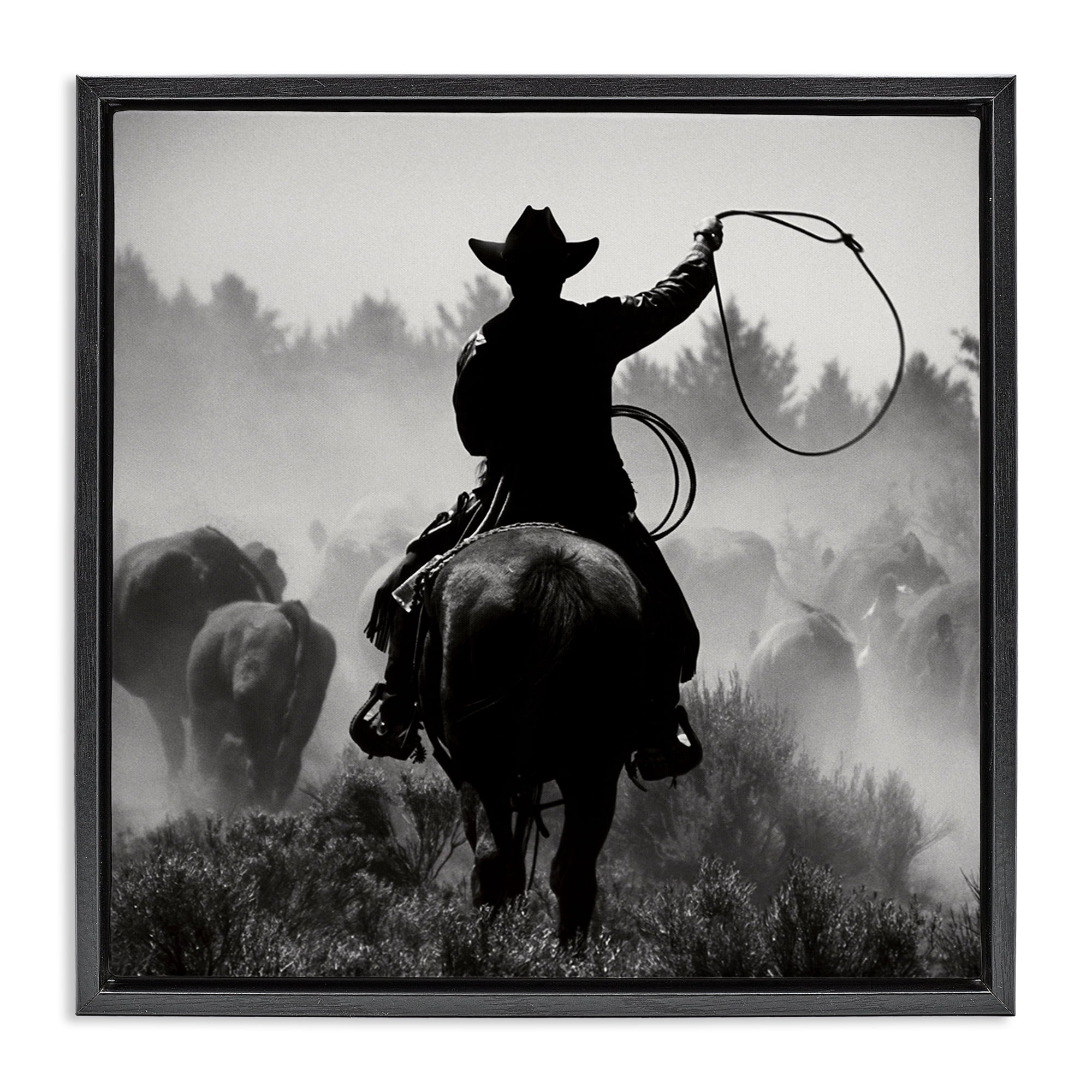 Stupell Industries Cowboy Swinging Lasso People Photography Black Floater Framed Canvas Art Print Wall Art, 25 x 25