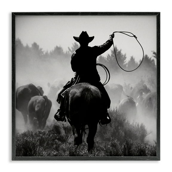 Stupell Industries Cowboy Swinging Lasso People Photography Black Framed Art Print Wall Art, 12 x 12
