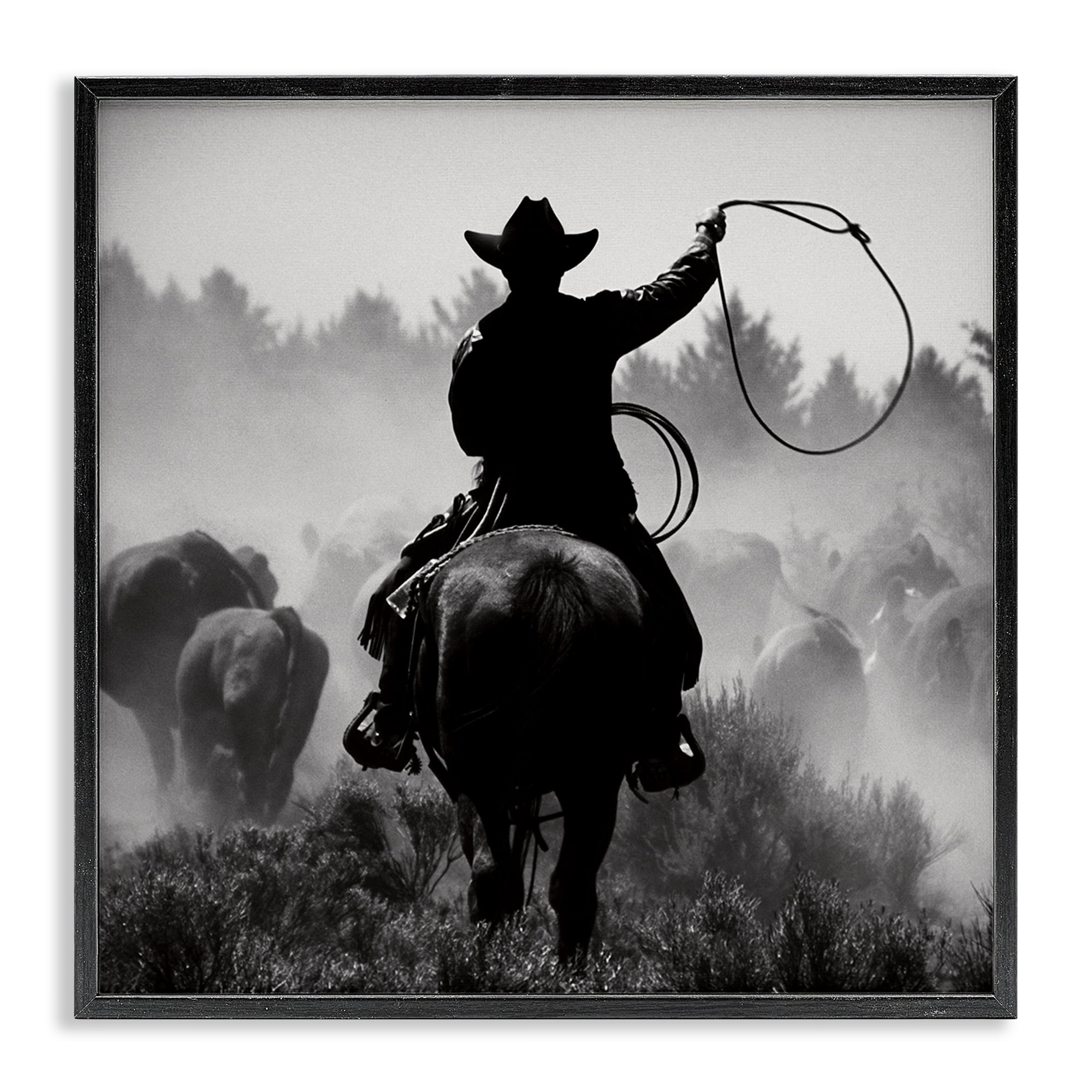 Stupell Industries Cowboy Swinging Lasso People Photography Black Framed Art Print Wall Art, 24 x 24
